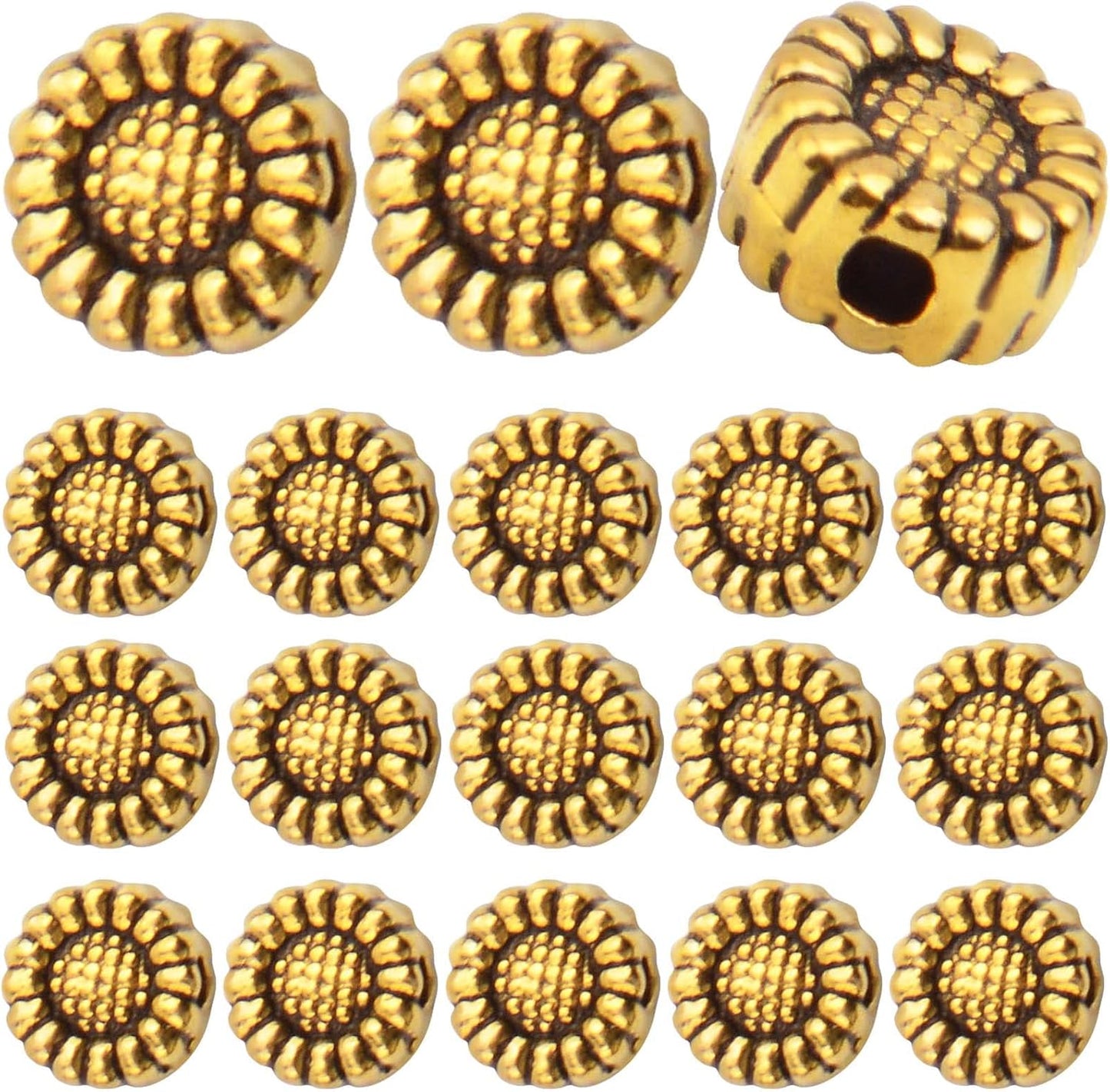100pcs Antique Silver Sunflower Spacers Beads Tibetan Alloy Flower Bead Spacer Charm Beads Loose Bead Spacers for DIY Bracelet Necklace Jewelry Crafts Making Accessories