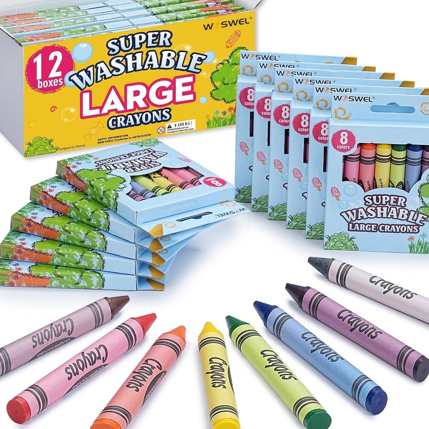 HENDEVL Super Washable Jumbo Crayons Bulk, 12 Pack Crayons with 8 Bright Colors, Non-Toxic Easy-Grip for Toddlers 1-3 & Kids Ages 4-8, Safe Art Supplies for Coloring Books & School Projects