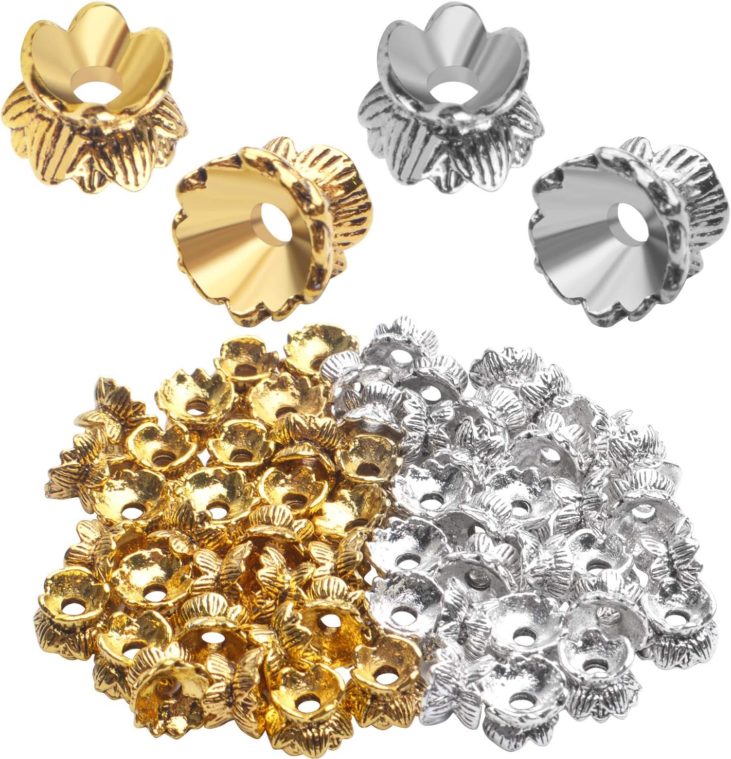 Lotus Form 60PCS Double End Flower Bead Spacer Caps, Antique Alloy Jewelry Caps for Bracelet, Necklace, Earring Crafts Making