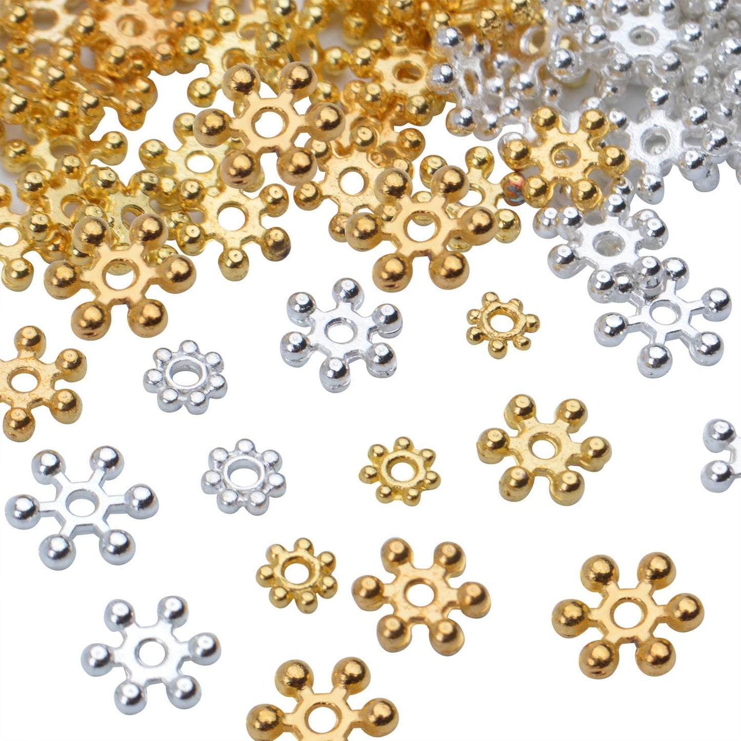 Jewelry Bead Charm Spacers, 600pcs 4mm/6mm/8mm Alloy Flower Jewelry Spacer Beads Metal Beads for DIY Bracelets Necklaces Jewelry Making, Silver and Gold