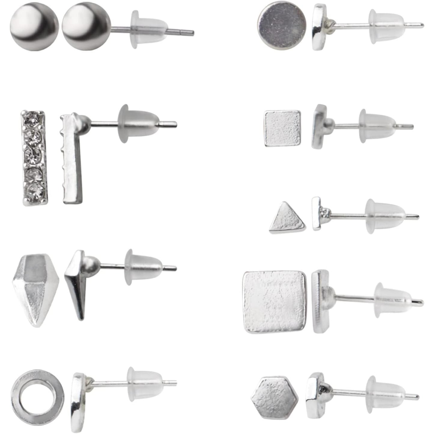 18 Pairs Stainless Steel Earring Post Studs,Earrings Studs Set Geometric Round Cone Ball Earring Pin Studs with Clear Bullet Earring Backs for Earring Making,9 Styles
