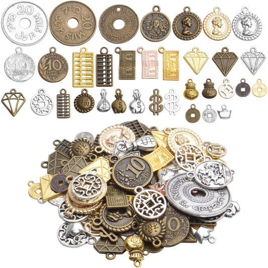 Coins Charms Jewelry, 100g(About30-70pcs) Retro Coins Cash Charms Bulk Craft Supply Mixed Shape Metal Alloy Pendants Fashion Accessories for DIY Jewelry Making