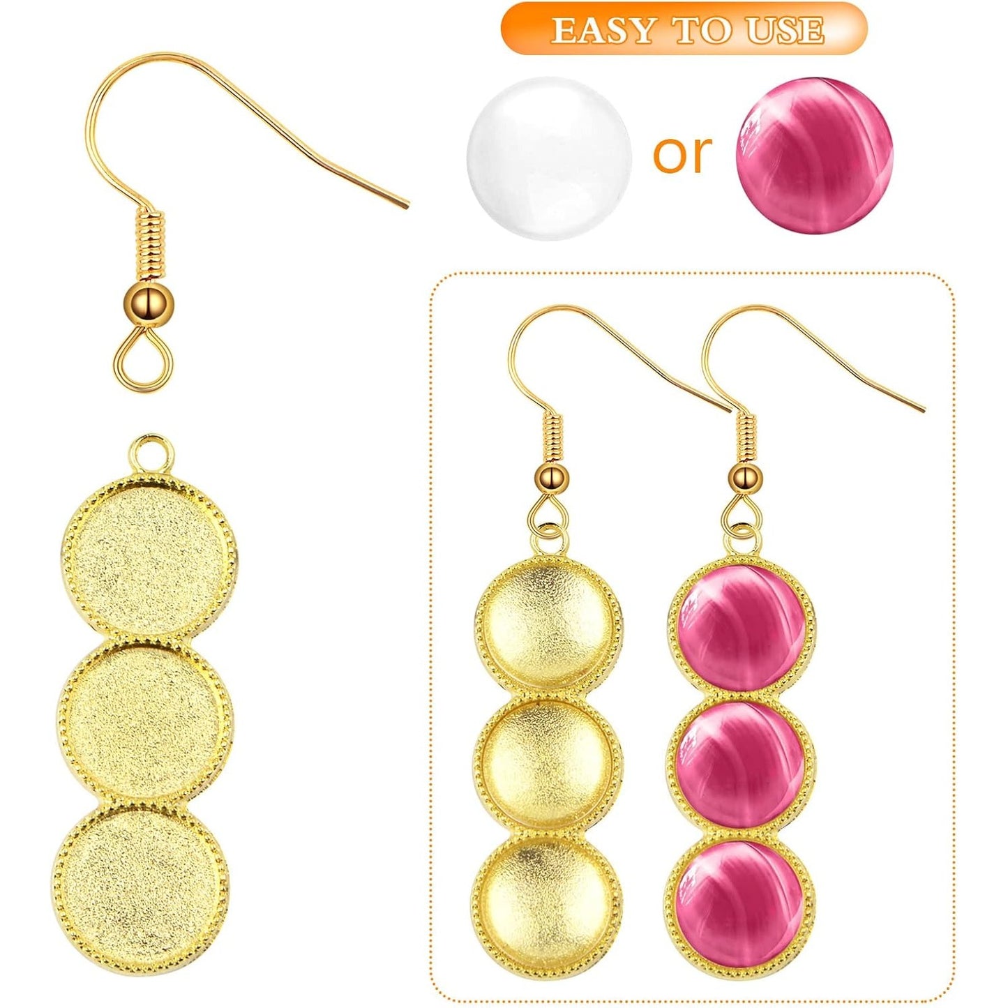 20pcs 2 Colors Blank Round 12 mm Earring Bezel Trays Bases 3-Consecutive Earring Blanks and 60pcs 12 mmGlass Cabochon Dome Tiles with 40pcs Earring Hooks for DIY Jewelry Making