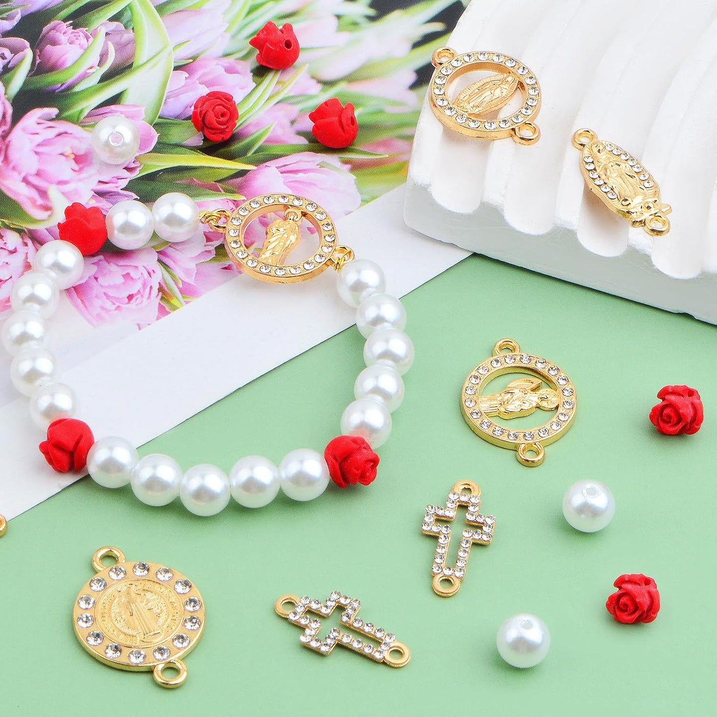 10pcs Golden Religious Cross Charms Connectors, 10pcs Virgin Mary Pendant Links, 20pcs Cinnabar Carved Red Rose Beads and 300pcs White Pearls for DIY Rosary Necklace Jewelry Making Supplies