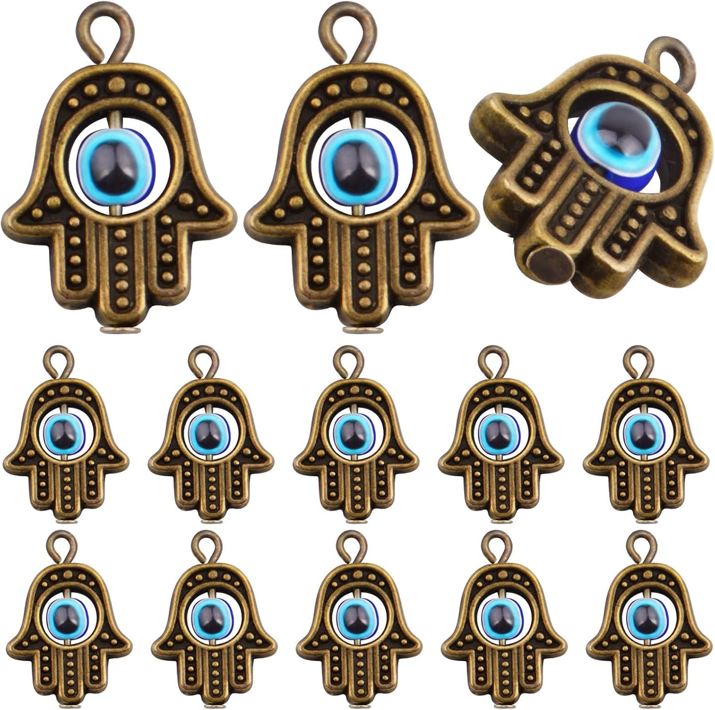 Hamsa Hand Beads Frame Charms,30 Pieces of Hamsa Evil Eye Pendant Hand of Fatima Symbol Charms Jewelry Making Findings for DIY Necklace Bracelet(Gold & Silver & Bronze)