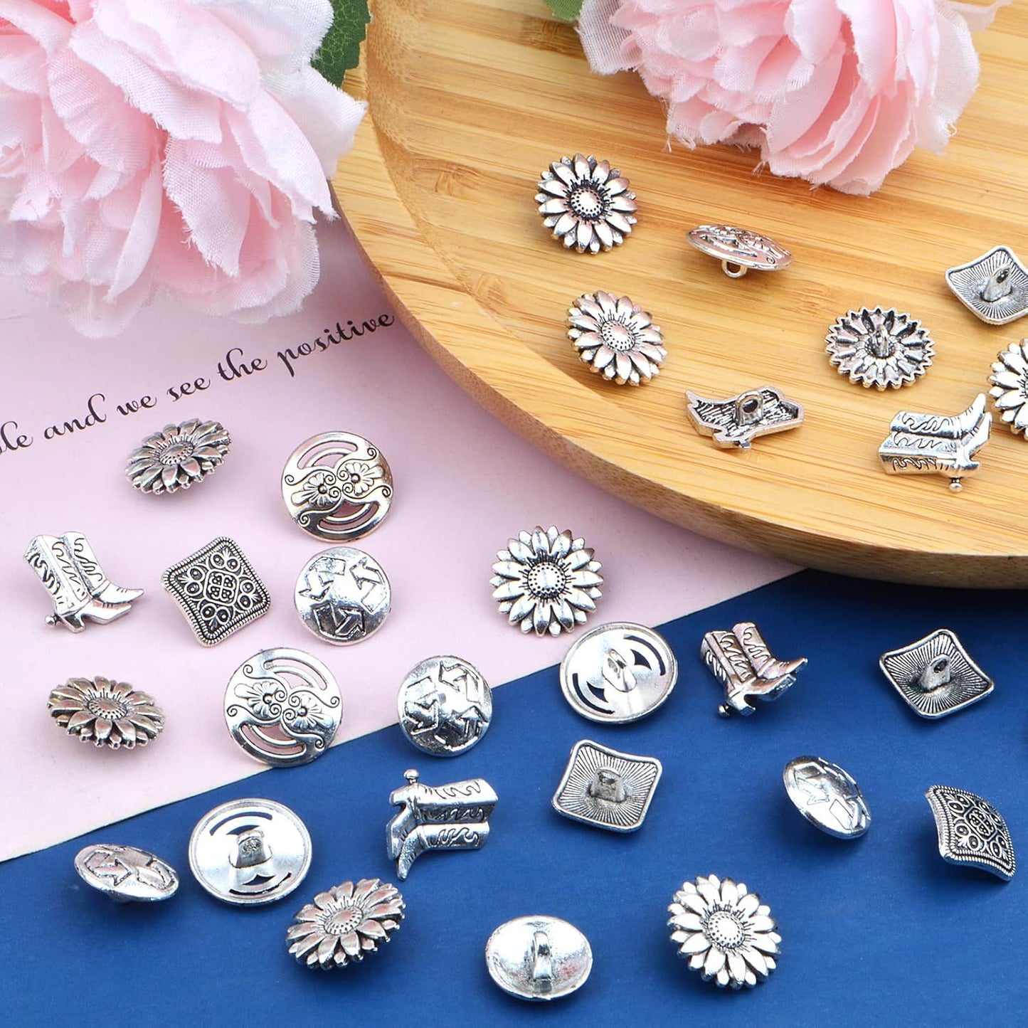 30pcs Silver Sewing Shank Buttons Tibetan Alloy Assorted Carved Sunflower Arrowhead Boot Decorative Handmade Buttons for Costumes Design Clothes Jeans Sewing Crafts, 5 Styles