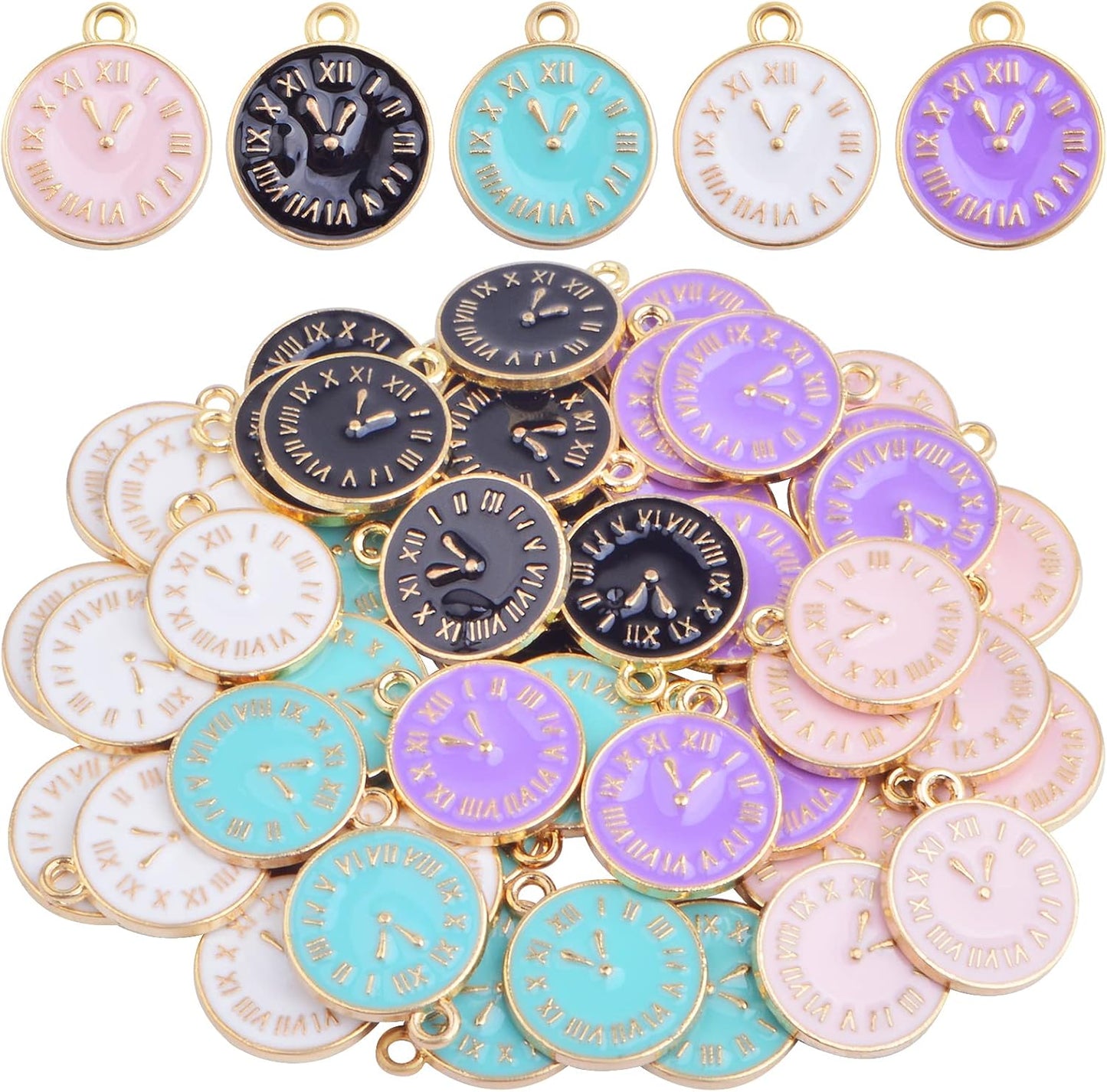 50pcs Alloy Enamel Alarm Clock Charms Cartoon Student Watch Clocks Pendant Charms Craft Supplies for DIY Bracelet Necklace Jewelry Making New Year Gift, 5 Colors