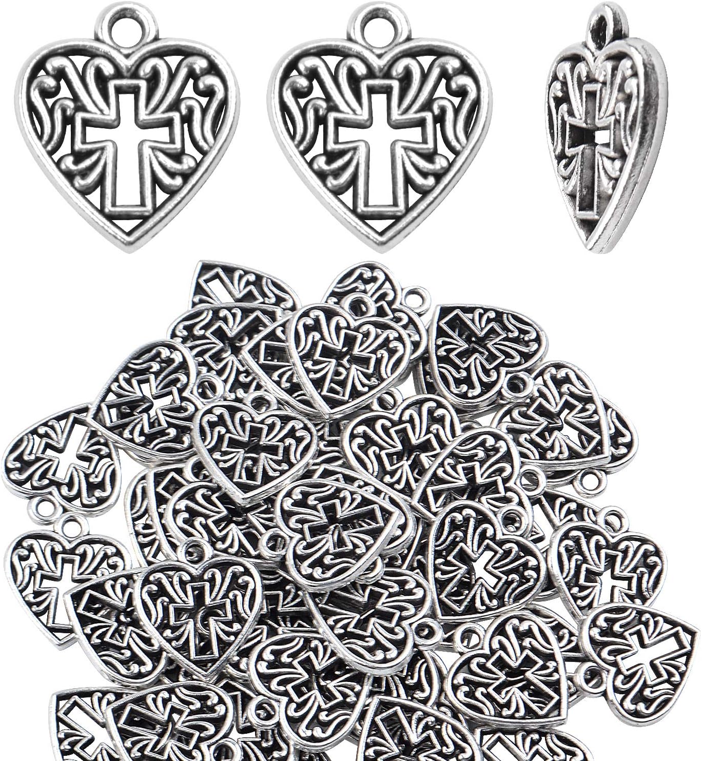 Heart Cross Charms, 50 Pieces Alloy Metal Love Heart with Cross Charms Pendants for Making Bracelet Necklace - Antique Silver