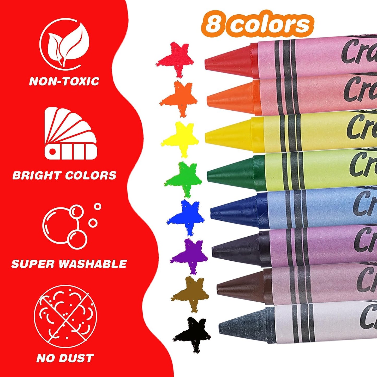 HENDEVL Super Washable Jumbo Crayons Bulk, 12 Pack Crayons with 8 Bright Colors, Non-Toxic Easy-Grip for Toddlers 1-3 & Kids Ages 4-8, Safe Art Supplies for Coloring Books & School Projects