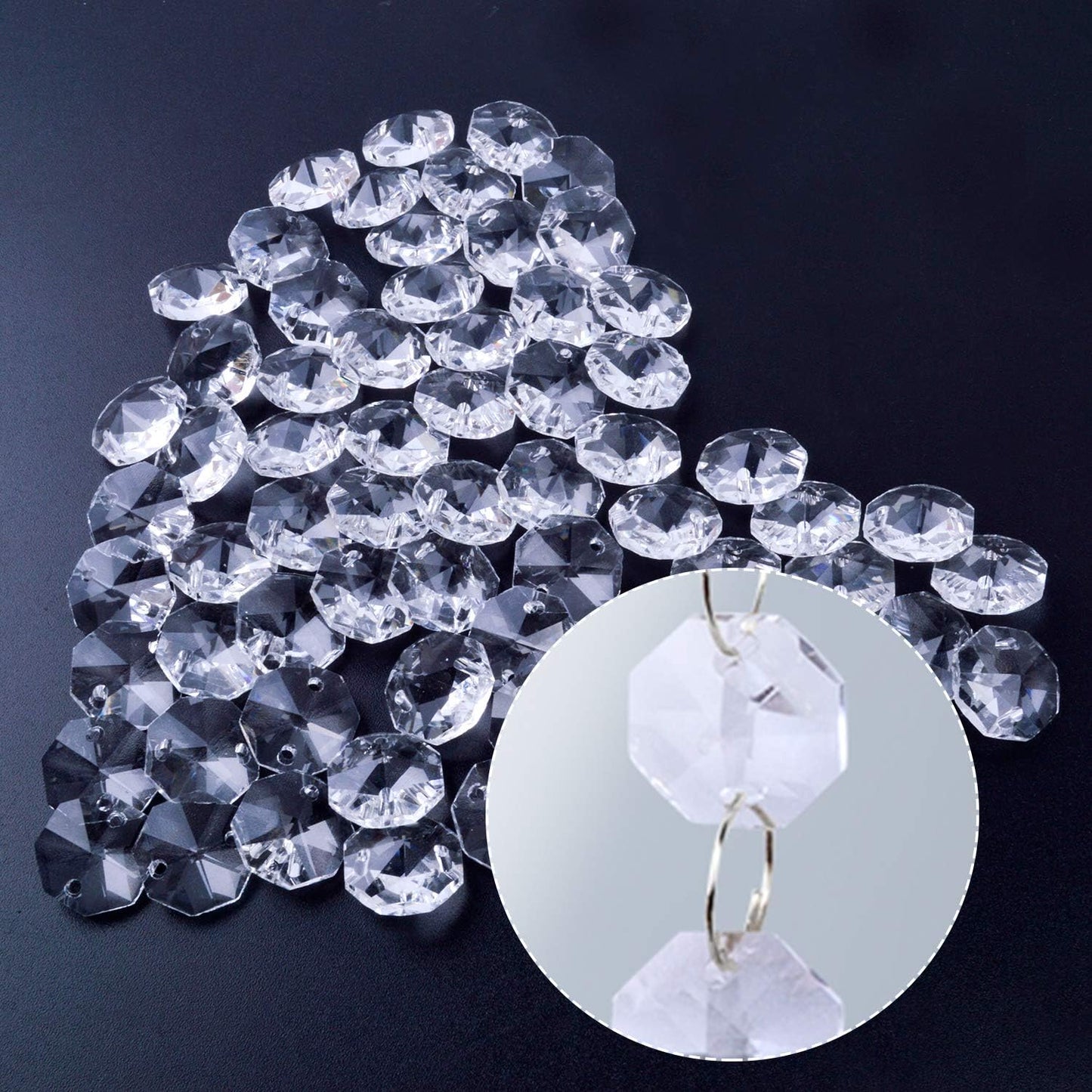 100Pcs 14mm Clear Crystal Octagon Beads with 100Pcs Stainless Curtain Rings Jump Rings Key Rings for Chandelier Prisms Curtain Parts Jewelry Making