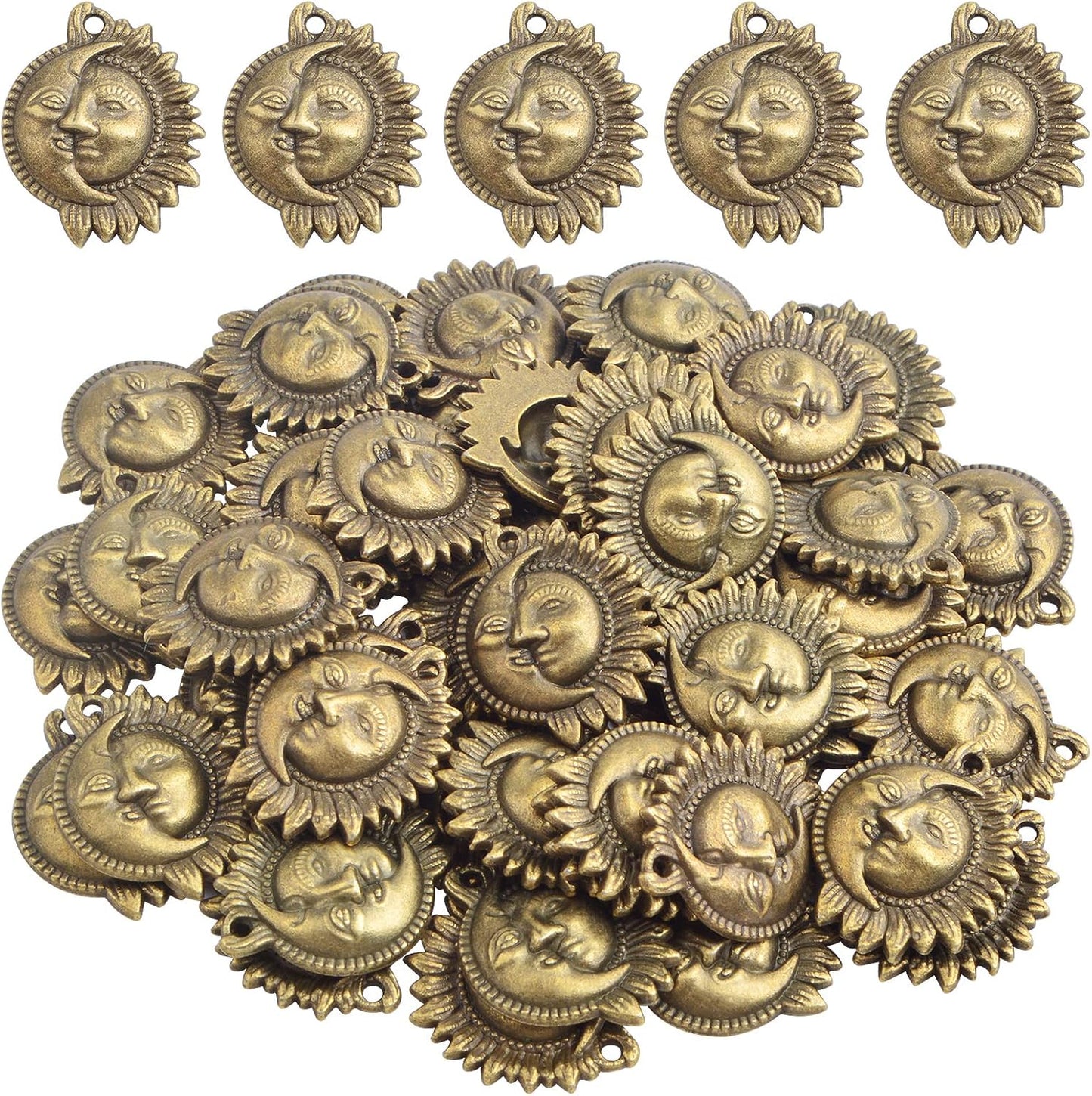 50pcs Sun and Moon Charms Pendants Alloy Sun Smile Celestial Craft Supplies for Necklace Bracelet DIY Jewelry Making Accessories