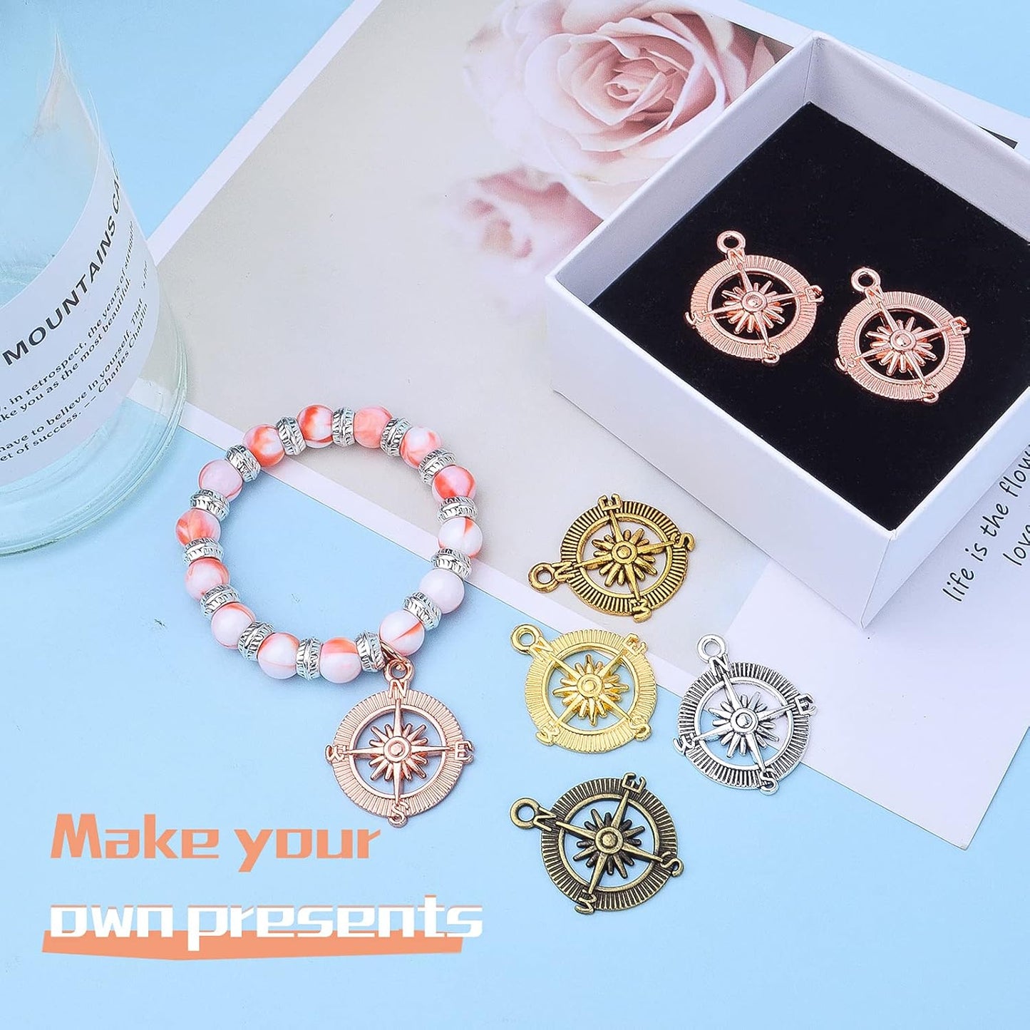 Compass Pendant Charms, 30pcs Alloy Tibetan Style Compass Shape Charms Nautical Beads Pendants Craft Supplies Accessories for Bracelet Necklace Jewelry Making, 5 Colors