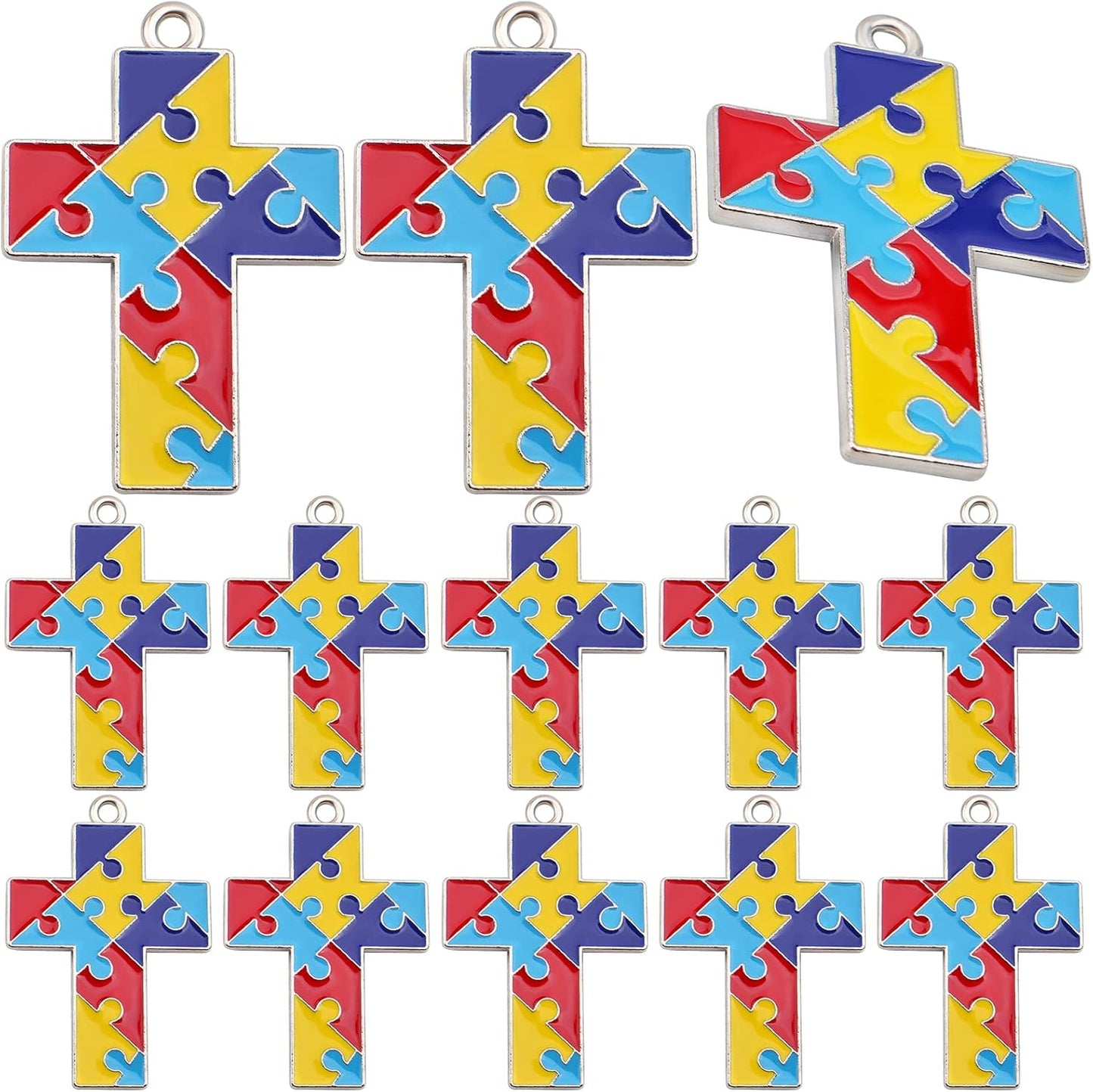 20pcs Autism Charms Pendants Ribbon Heart Round Square Cross with Puzzle Shape Charms Enamel Colorful Enamel Autistic Awareness Pendants for DIY Necklace Bracelet Earrings Jewelry Making Supplies