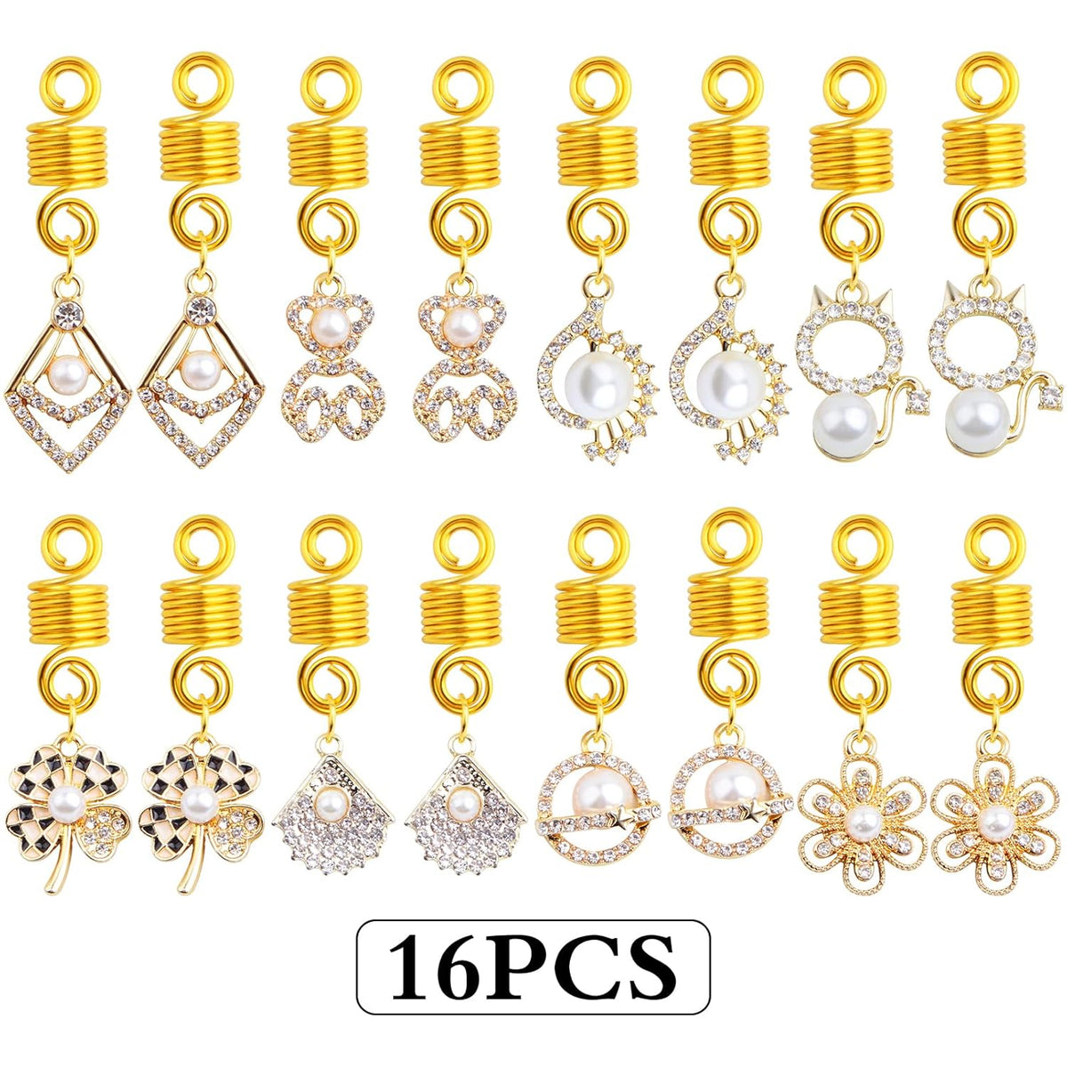 16pcs 8 Styles Pearl Hair Braid Clips Golden Alloy Braids Ring Pendants Adjustable Spring Clip Dreadlocks Accessories Hair Jewelry Headpieces for Women Hair Braid Decoration Gift
