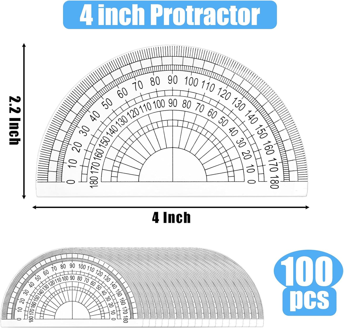 HENDEVL 100 Pack Plastic Protractor 180 Degree Math Protractors Geometry Student Protractor, 4 Inches, Clear
