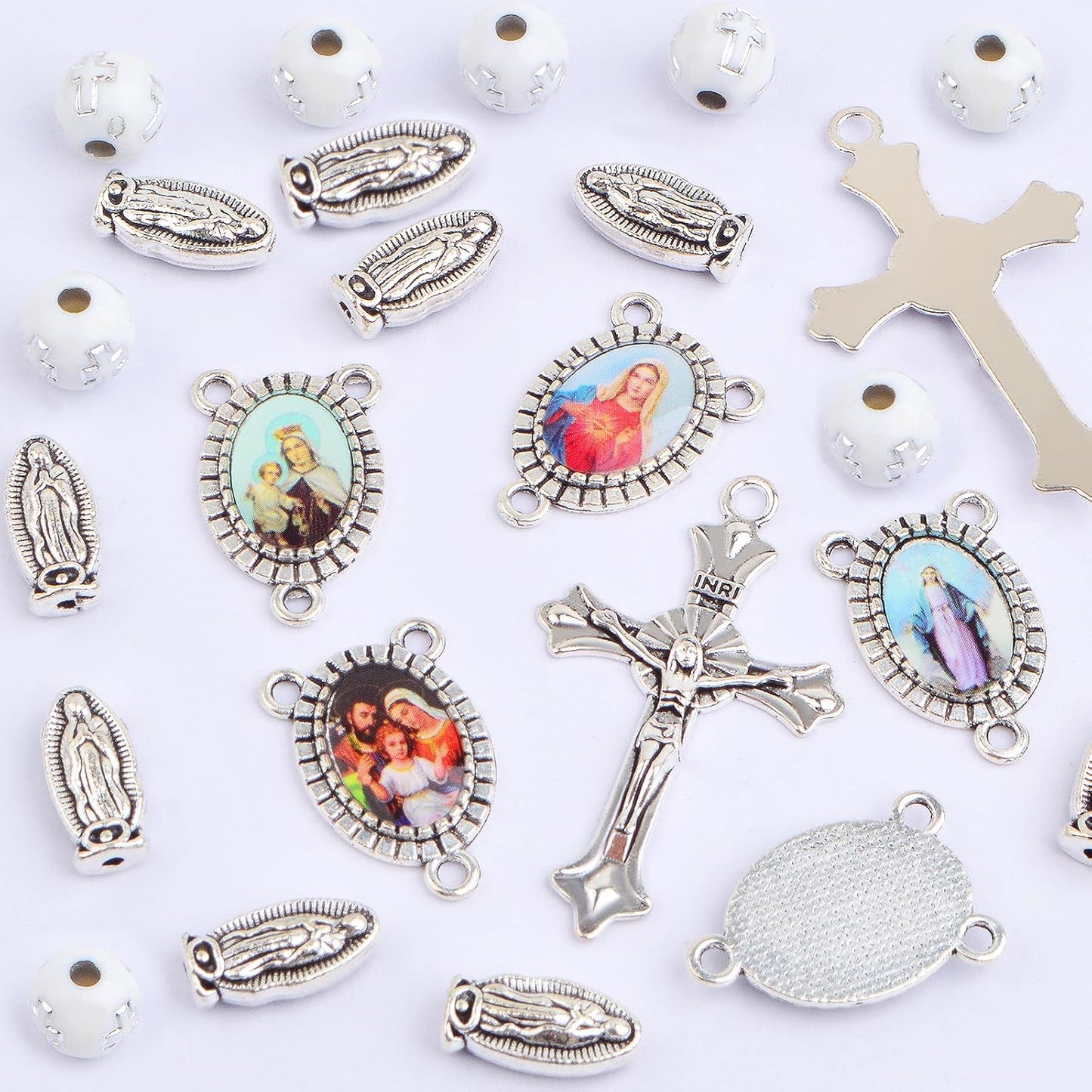 10pcs Religious Cross Charms, 10pcs Oval Virgin Mary Figure Pendant Links, 200pcs Silver White Cross Spacer Beads, 50pcs Silver Rosary Holy Beads for DIY Necklace Bracelet Jewelry Making