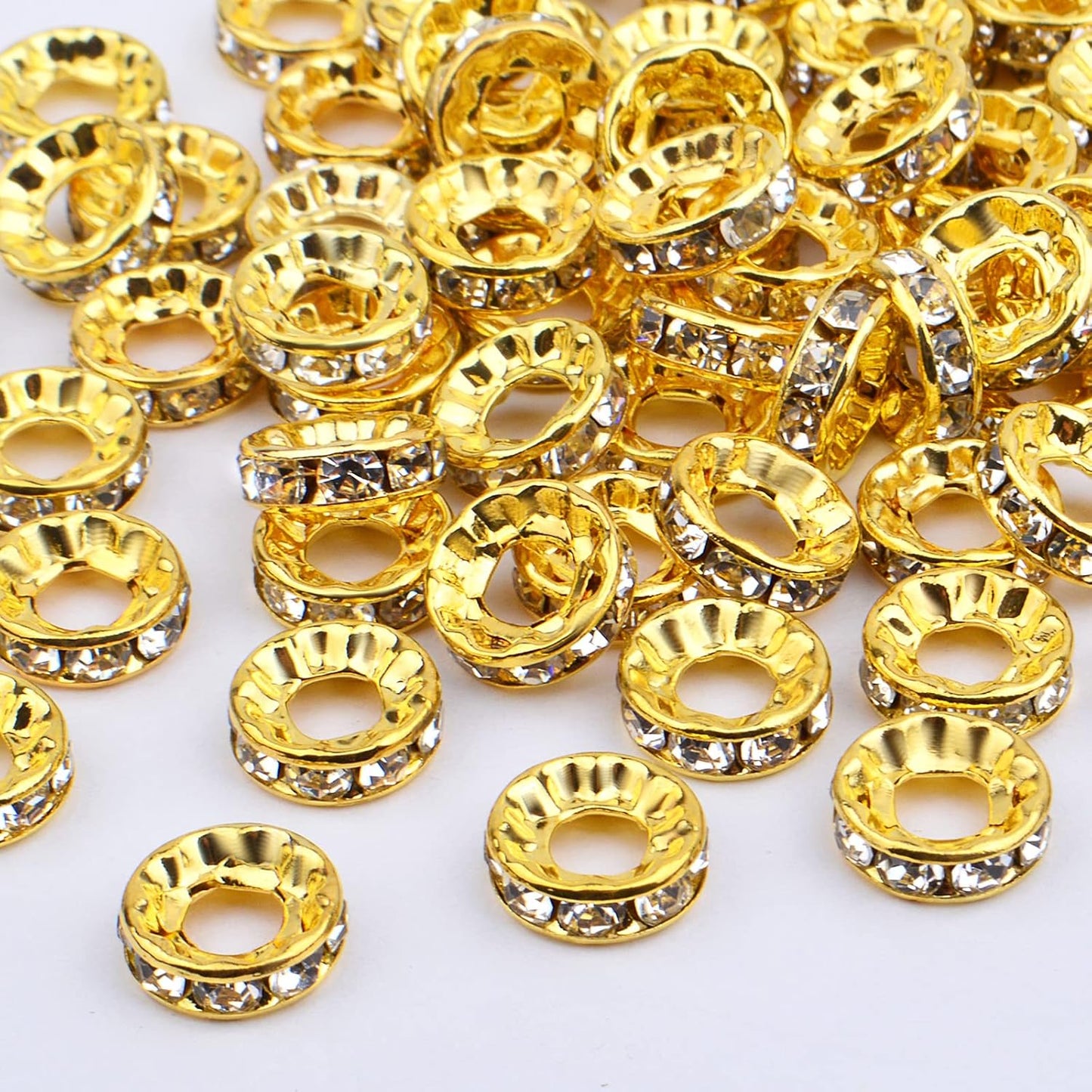 100pcs 10 mm Golden Plated Rhinestone Spacer Beads Large Hole European Rondelle Beads Round Shiny Crystal Loose Beads for DIY Bracelet Necklace Jewelry Making