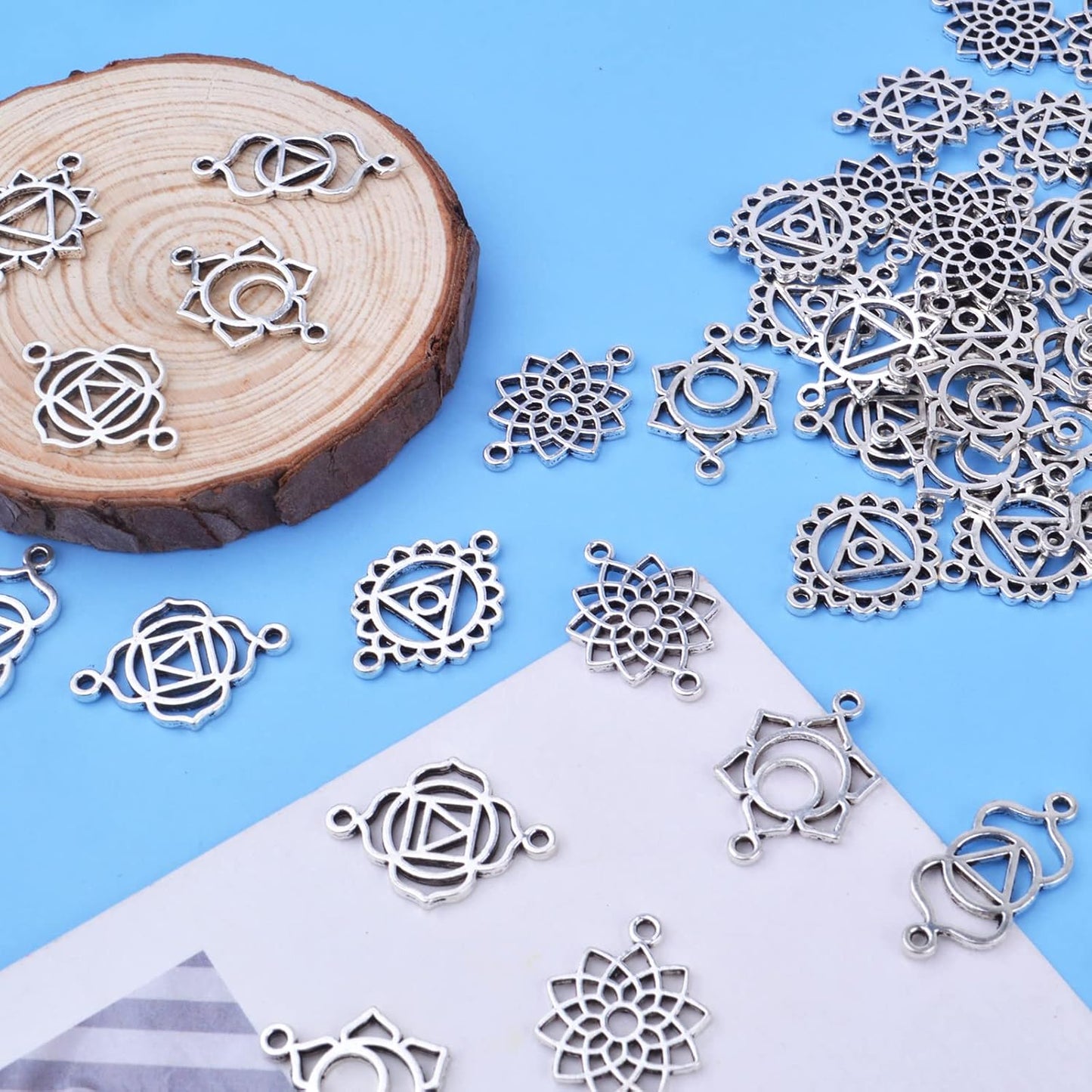 70pcs Antique Silver Chakra Energy Charms Connectors Tibetan Alloy Hollow Flower Chakra Pendants Charms Craft Supplies for DIY Bracelet Necklace Earring Jewelry Making Accessories, 7 Styles
