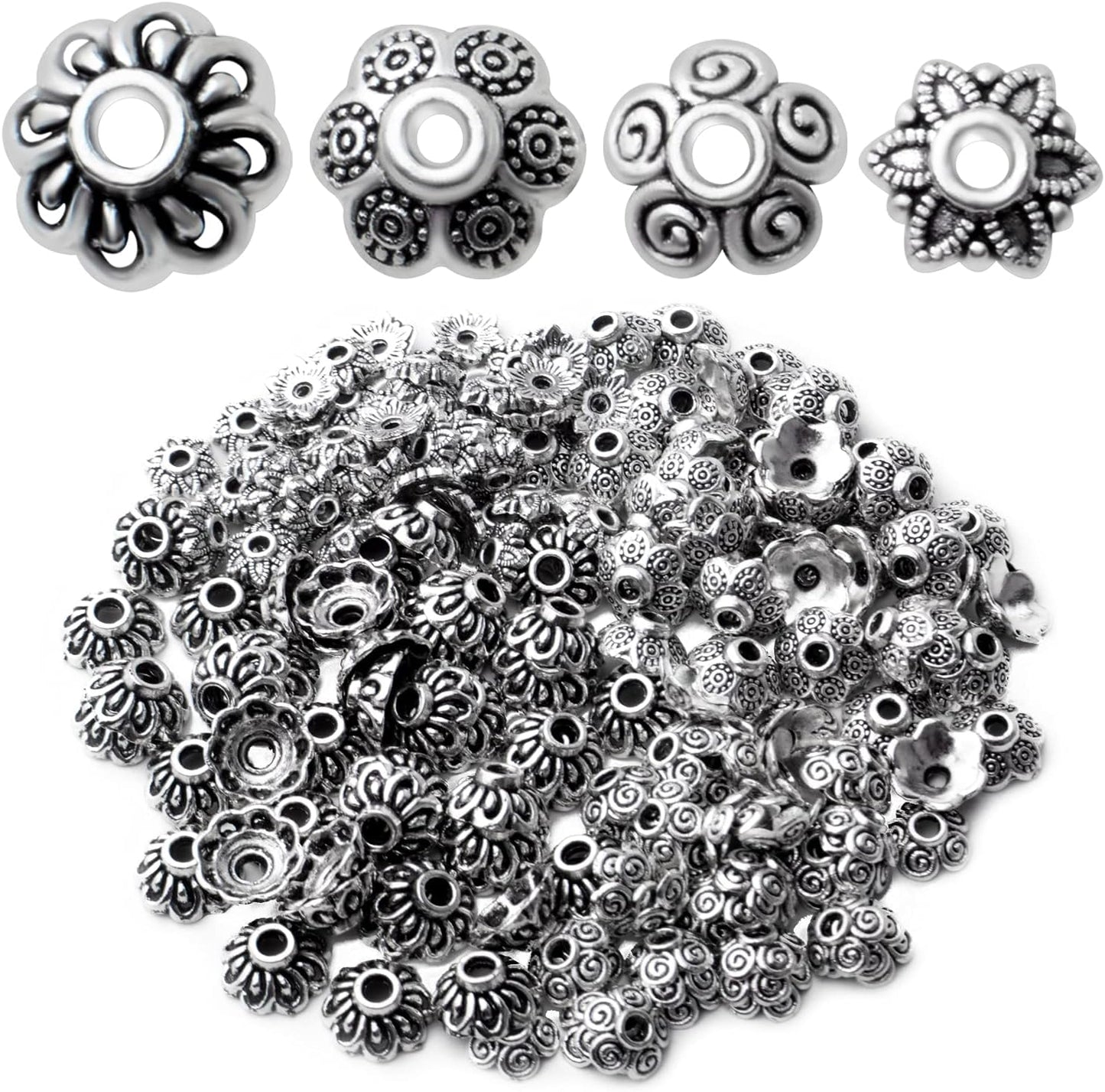 Flower Bead Caps,200pcs Antique Silver Spacer Beads Caps Alloy Bead End Caps Loose Beads for Jewelry Making DIY Bracelet Earrings Necklace Finding Accessory