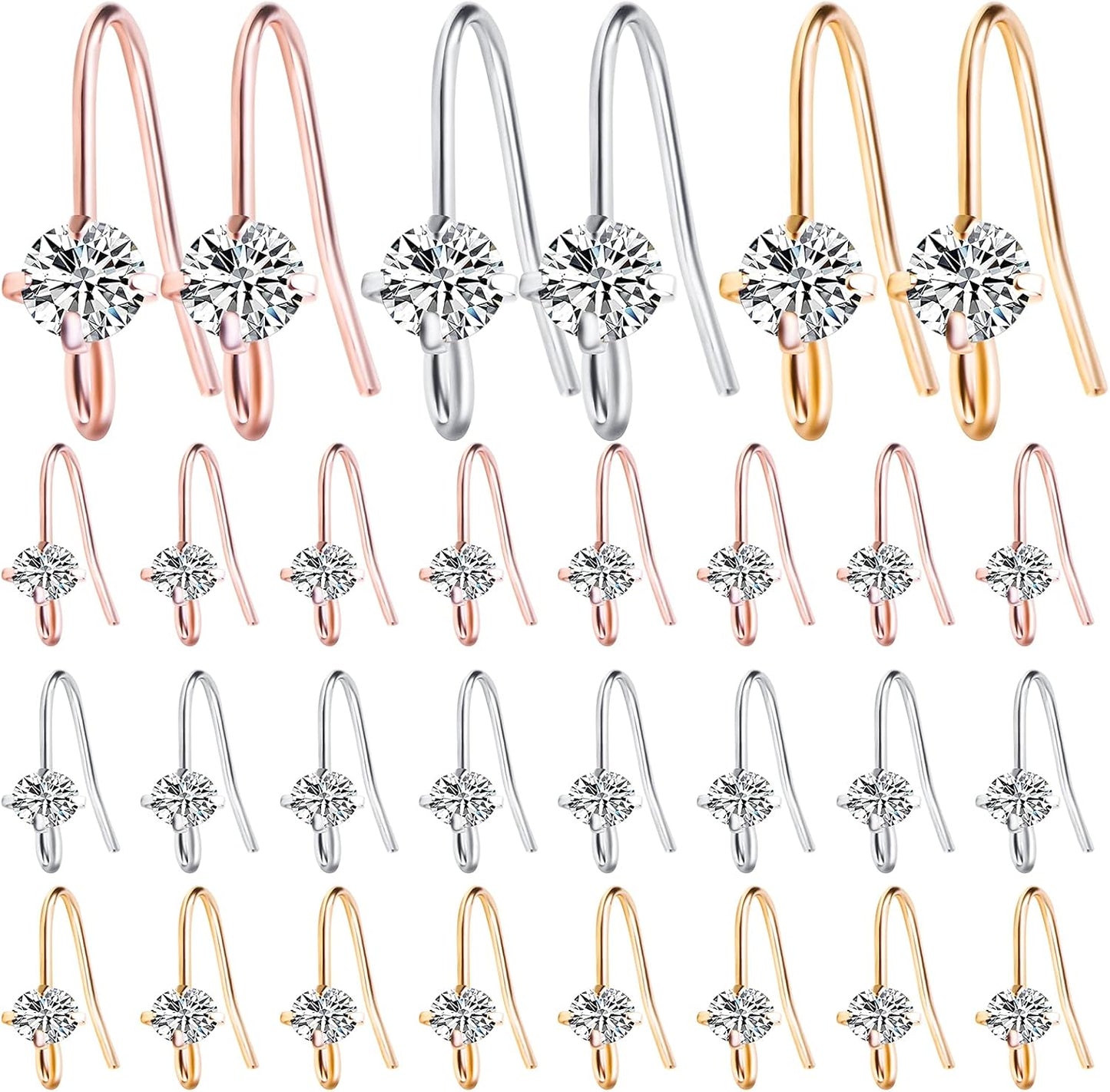 30pcs 3 Colors French Diamonds Earring Hooks Brass Ear Wire Fish Hook Earrings Hypo-allergenic Elegant Dangle Earrings for DIY Jewelry Crafts Making Wedding Prom