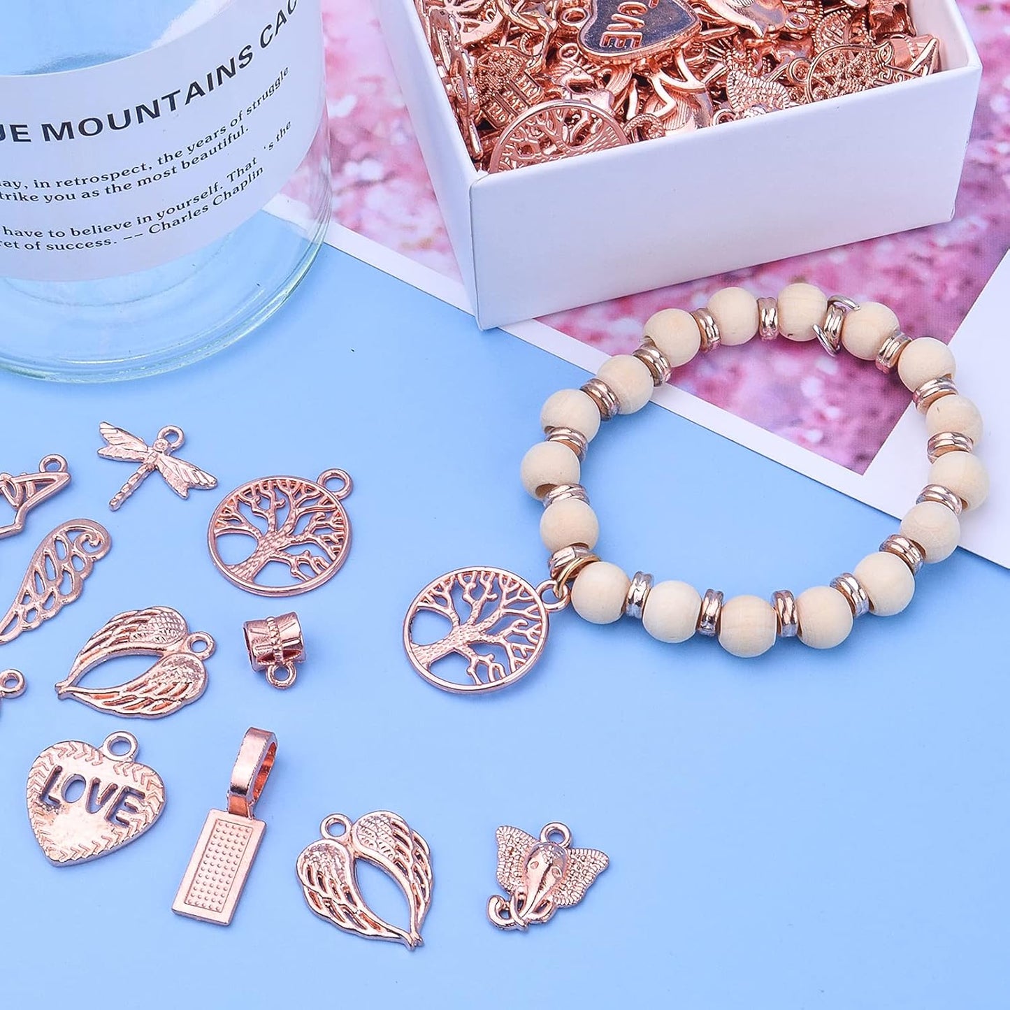 100pcs Rose Gold Mixed Charms Pendants Tibetan Alloy Vintage Charms Wholesale Bulk Crafts Supplies for DIY Necklace Bracelet Earring Handmade Jewelry Making Accessories