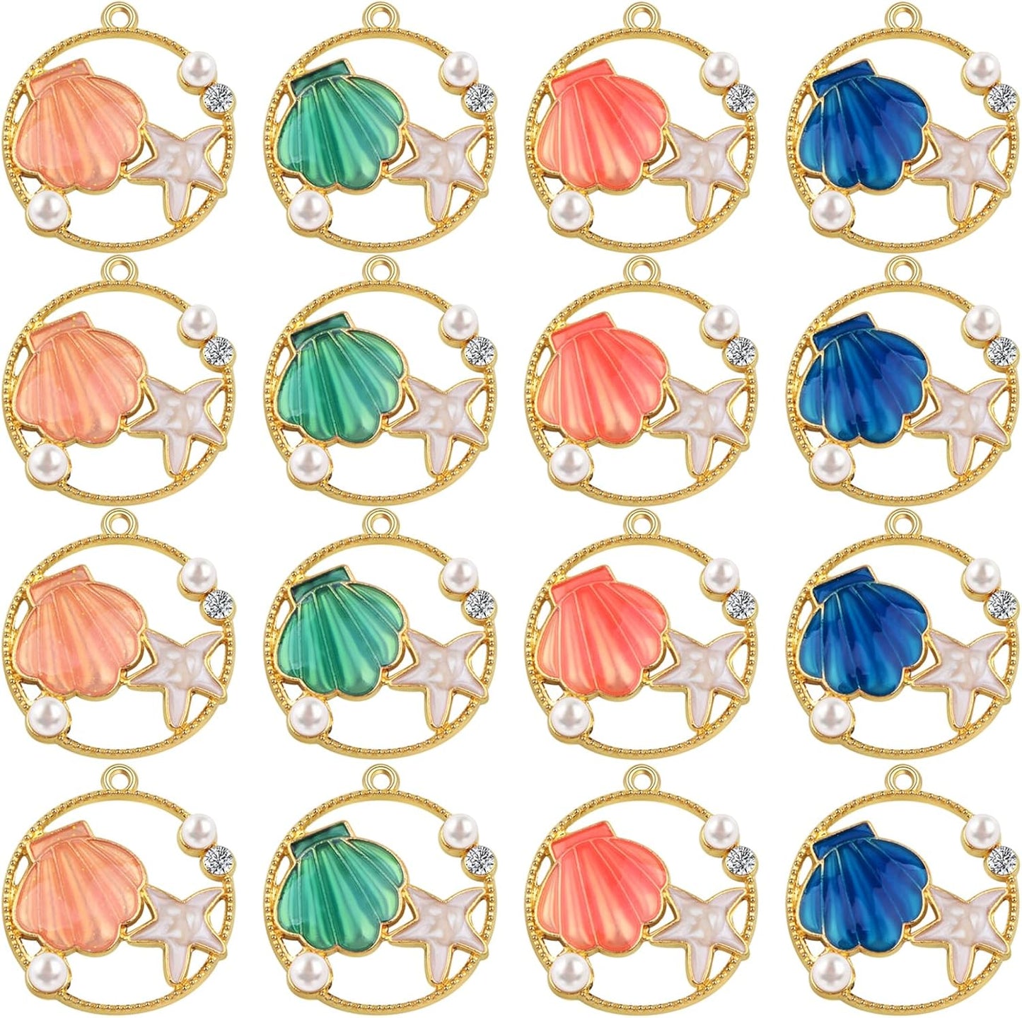 16pcs Round Enamel Ocean Starfish Shell Charms Colorful Marine Animal Starfish Seashell Summer Beach Dangle Pendants for DIY Necklace Bracelet Crafts Jewelry Making, 4 Colors