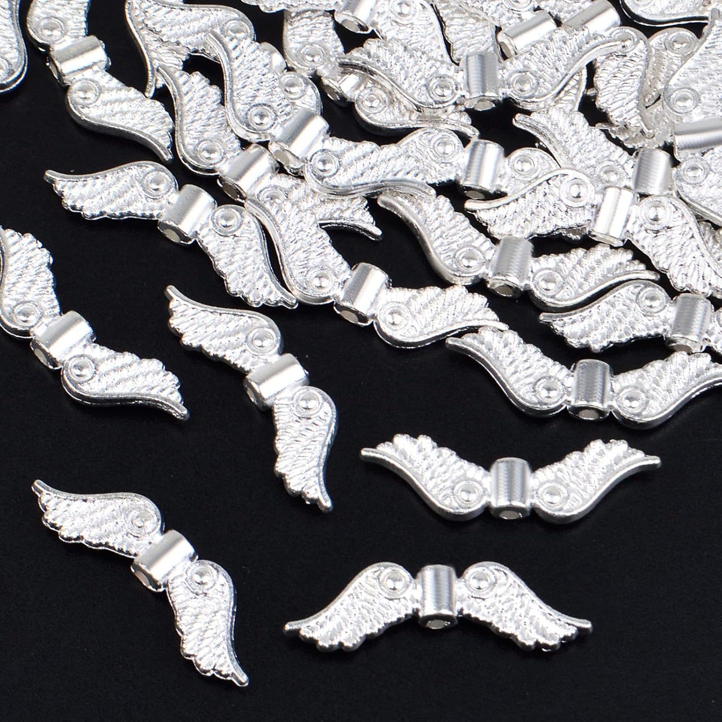 60pcs Tibetan Style Angel Wing Spacer Beads Alloy Small Hole Wing Loose Spacer Charm Beads Accessories for DIY Bracelet Necklace Earrings Jewelry Making, Bright Silver