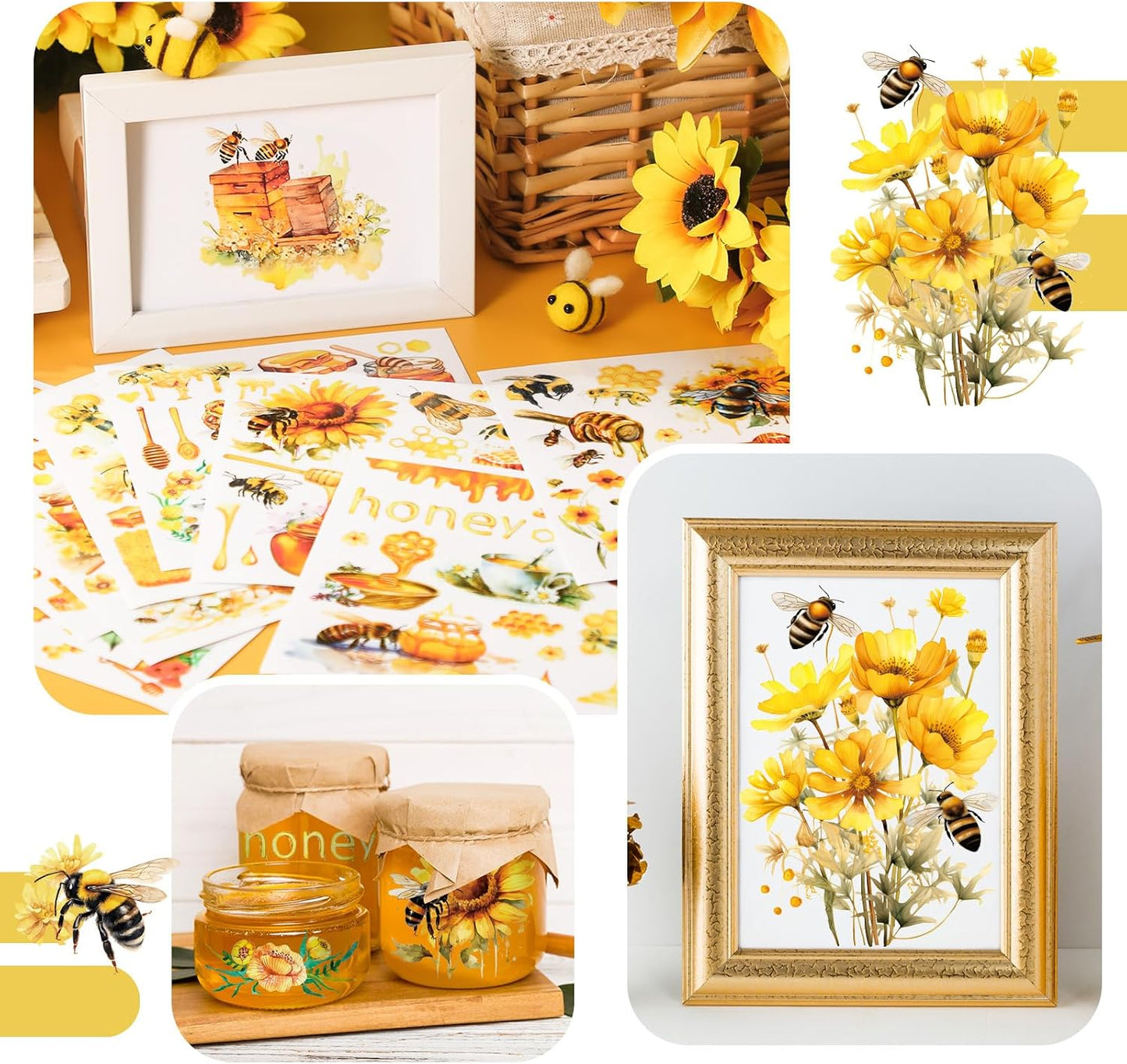 HENDEVL 12 Sheets Summer Sunflower & Bee Rub on Transfers for Crafts Flower Rub on Transfer Stickers Honeycomb Decals for Wood Furniture, DIY Paper & Home Decor, 5.5 x 5.7 Inch