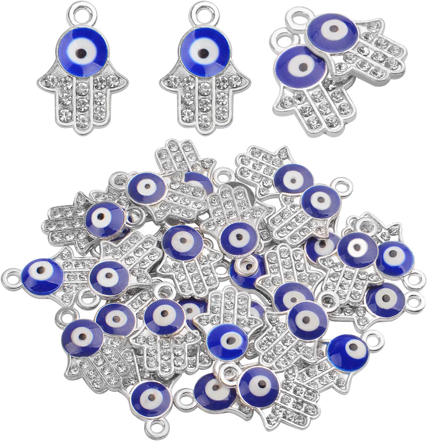 Hamsa Hand Beads Frame Charms,30 Pieces of Hamsa Evil Eye Pendant Hand of Fatima Symbol Charms Jewelry Making Findings for DIY Necklace Bracelet(Gold & Silver & Bronze)