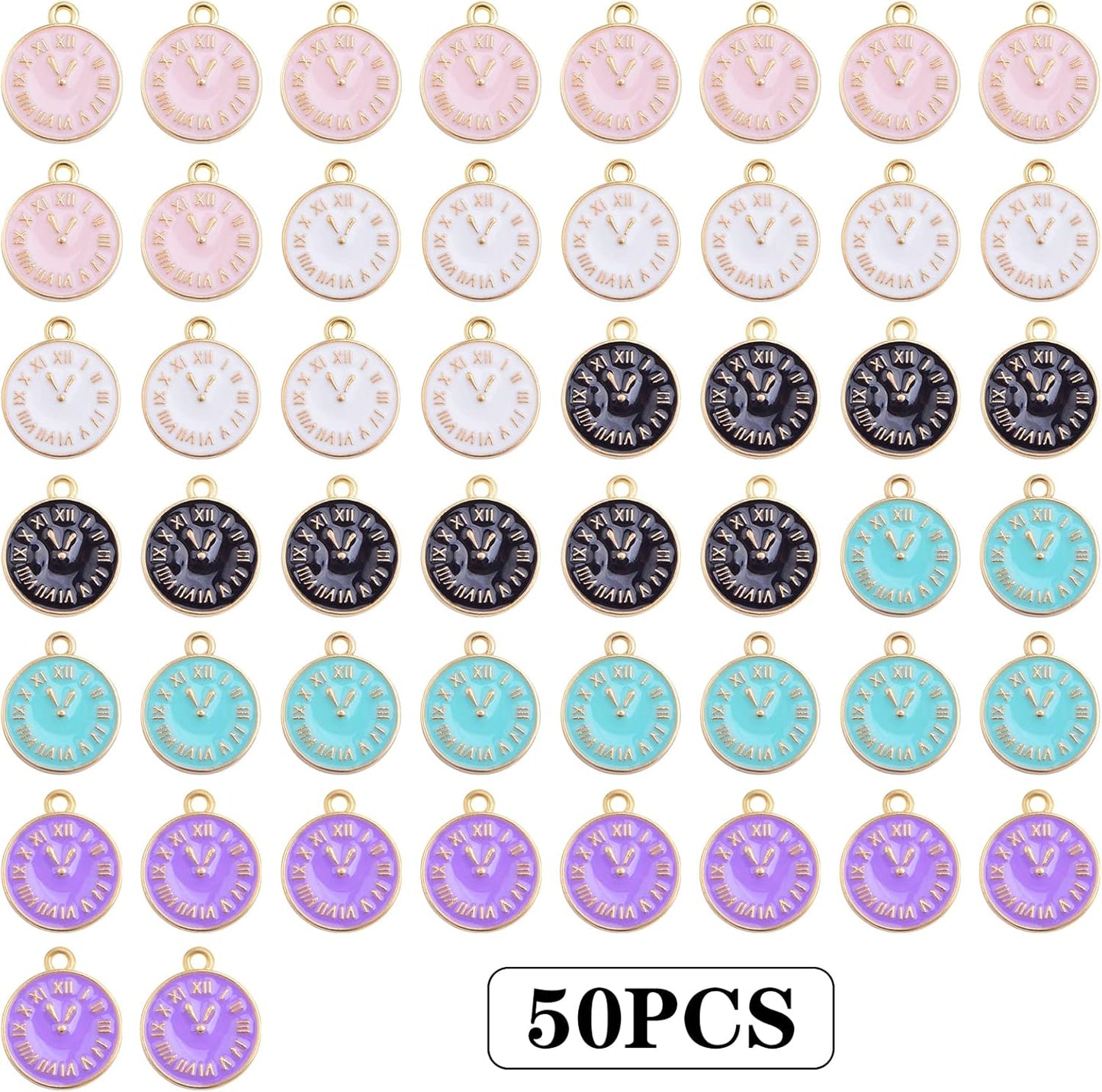 50pcs Alloy Enamel Alarm Clock Charms Cartoon Student Watch Clocks Pendant Charms Craft Supplies for DIY Bracelet Necklace Jewelry Making New Year Gift, 5 Colors