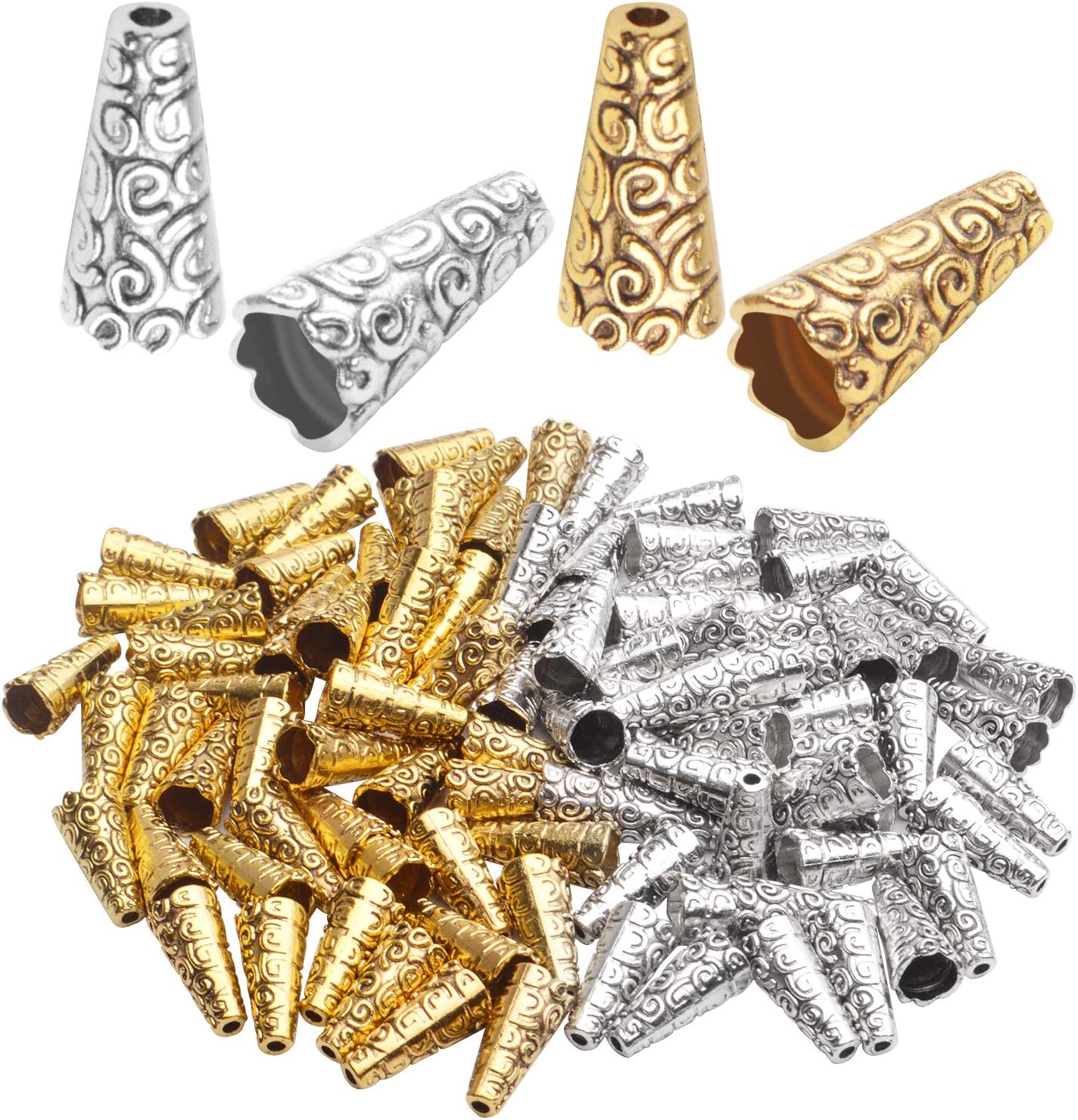 Beads Caps Making, 100pcs Antique Beads Caps Tibetan Style Cone Caps Metal Beads End Caps Flower Bead Caps Tassel Crafts DIY for Jewelry Making, 17.5 8.5mm