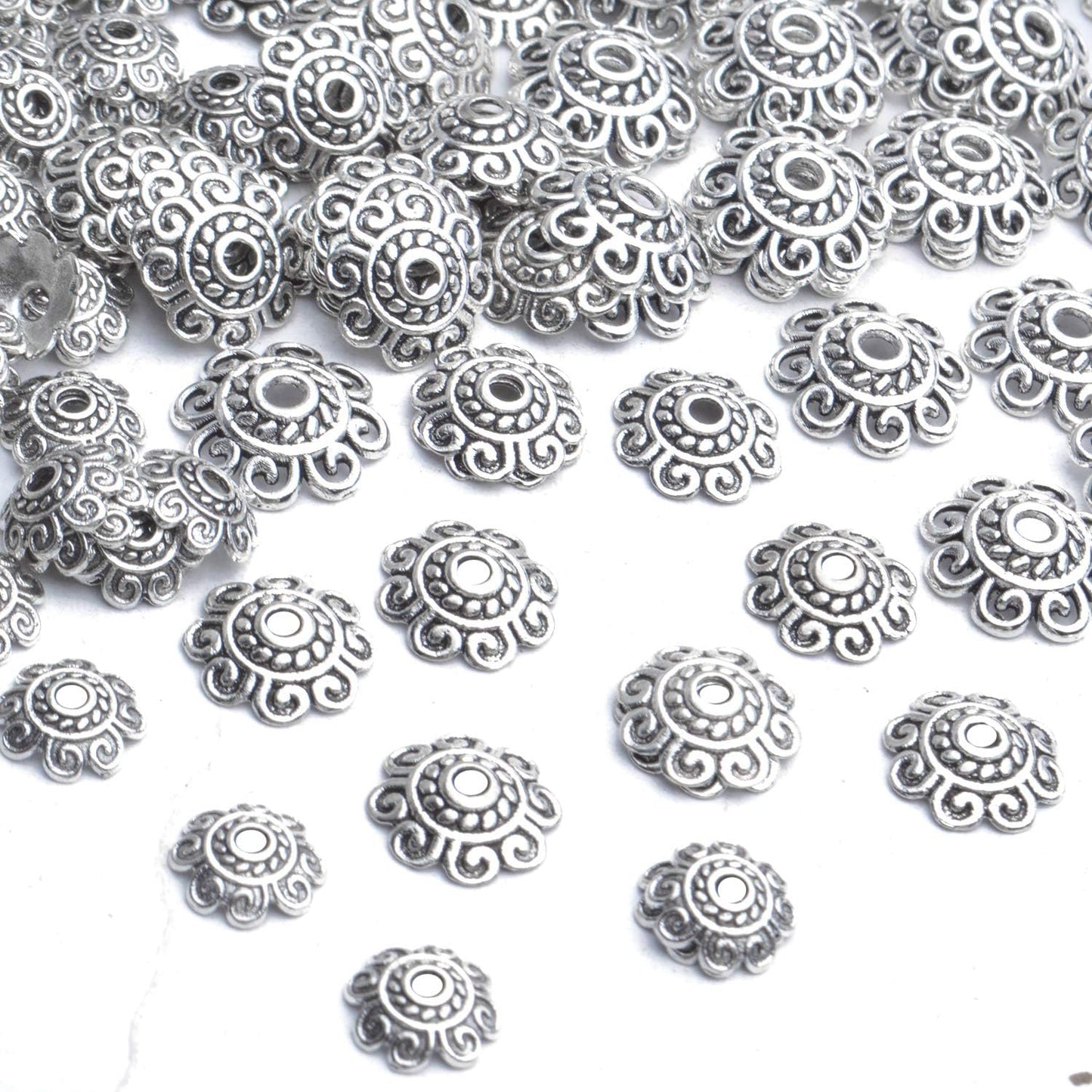Spacer Bead Caps, 200pcs 8mm/10mm/12mm Metal Flower Bead Caps for Jewelry DIY Necklace Bracelet Making, Antique Silver