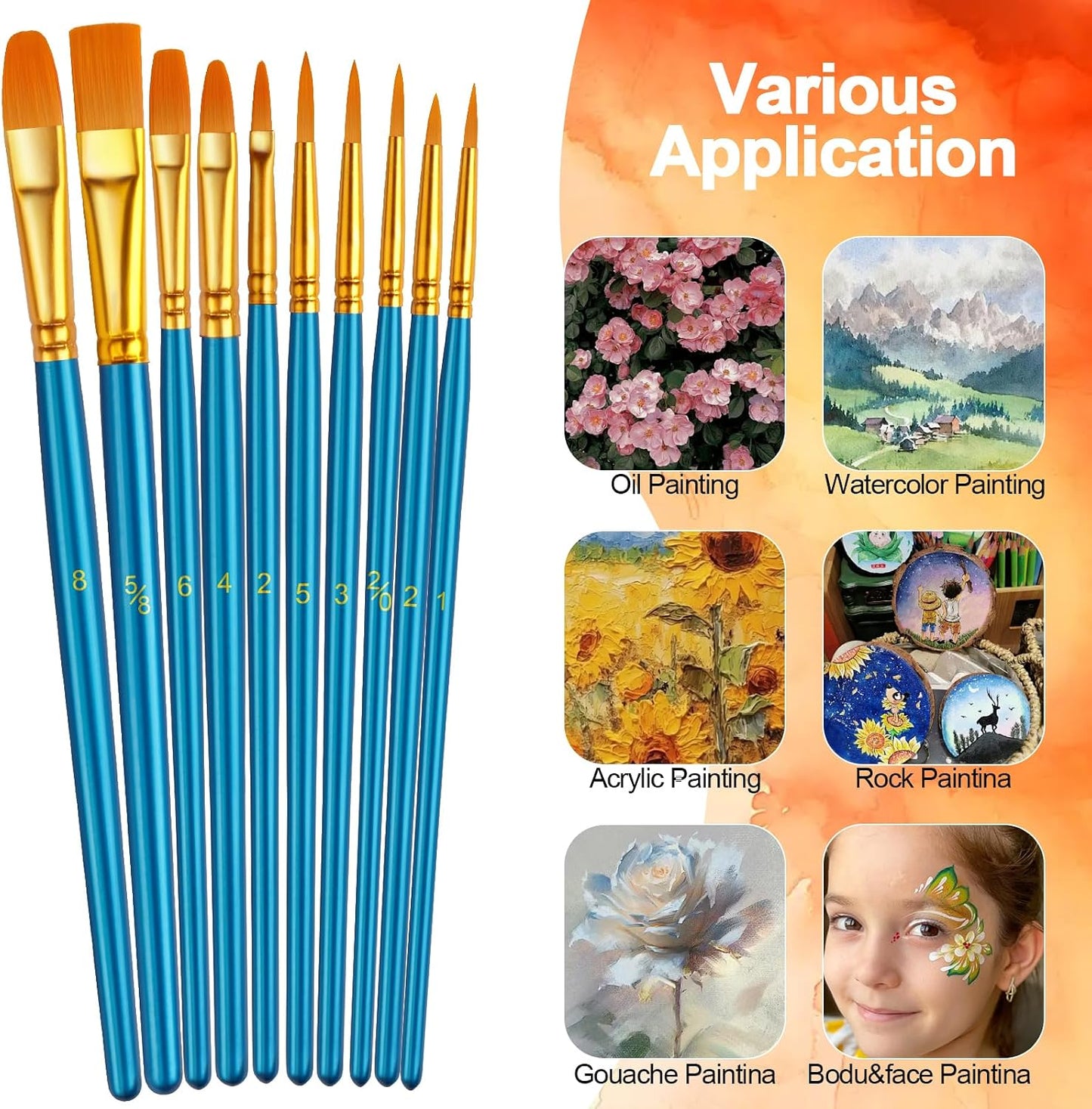 Aylifu Paint Brushes Set, 5 Pack 50 Pcs Round-Pointed Tip Paintbrushes Nylon Hair Artist Acrylic Paint Brushes for Acrylic Oil Watercolor, Face Nail Art, Miniature Detailing & Rock Painting, Blue