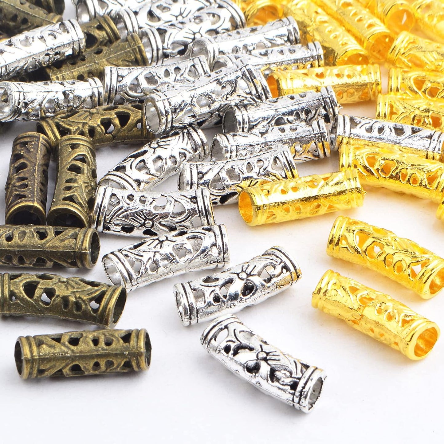 60pcs Tibetan Hollow Column Spacer Beads Alloy Large Hole Long Curved Tube Slide Loose Beads for DIY European Charms Jewelry Making Findings, 3 Colors, Hole: 5 mm