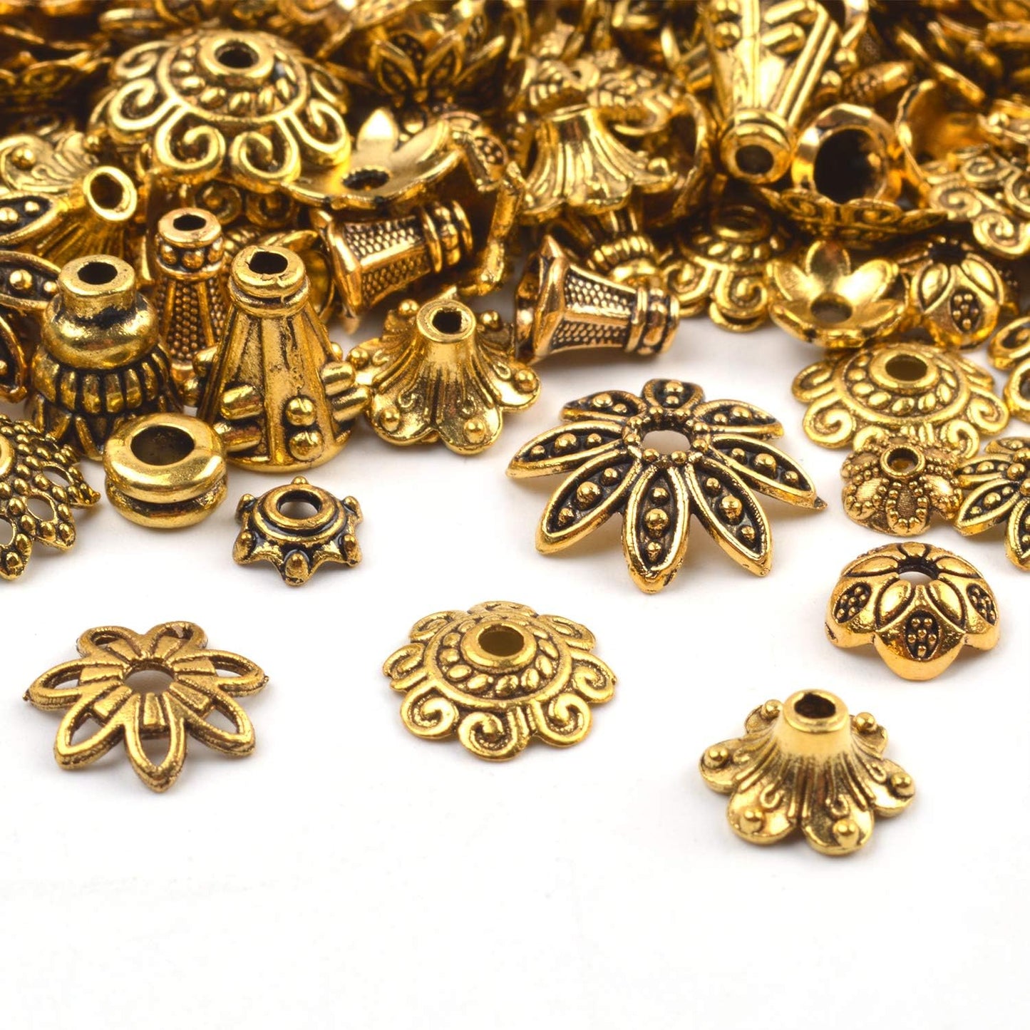 100 Gram(About 250-350pcs) Bali Style Jewelry Making Metal Bead Caps Deluxe New Mix,Antique Gold