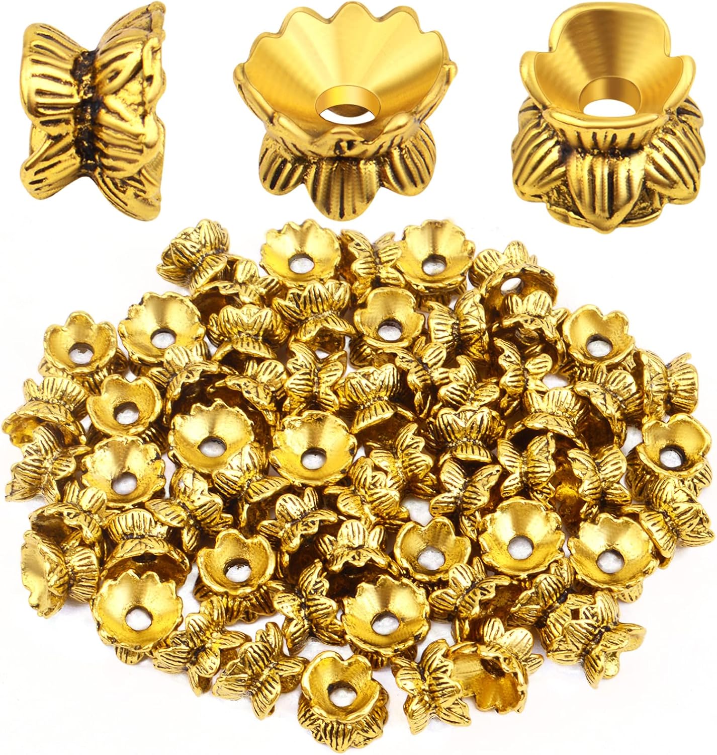 Lotus Form 60PCS Double End Flower Bead Spacer Caps, Antique Alloy Jewelry Caps for Bracelet, Necklace, Earring Crafts Making