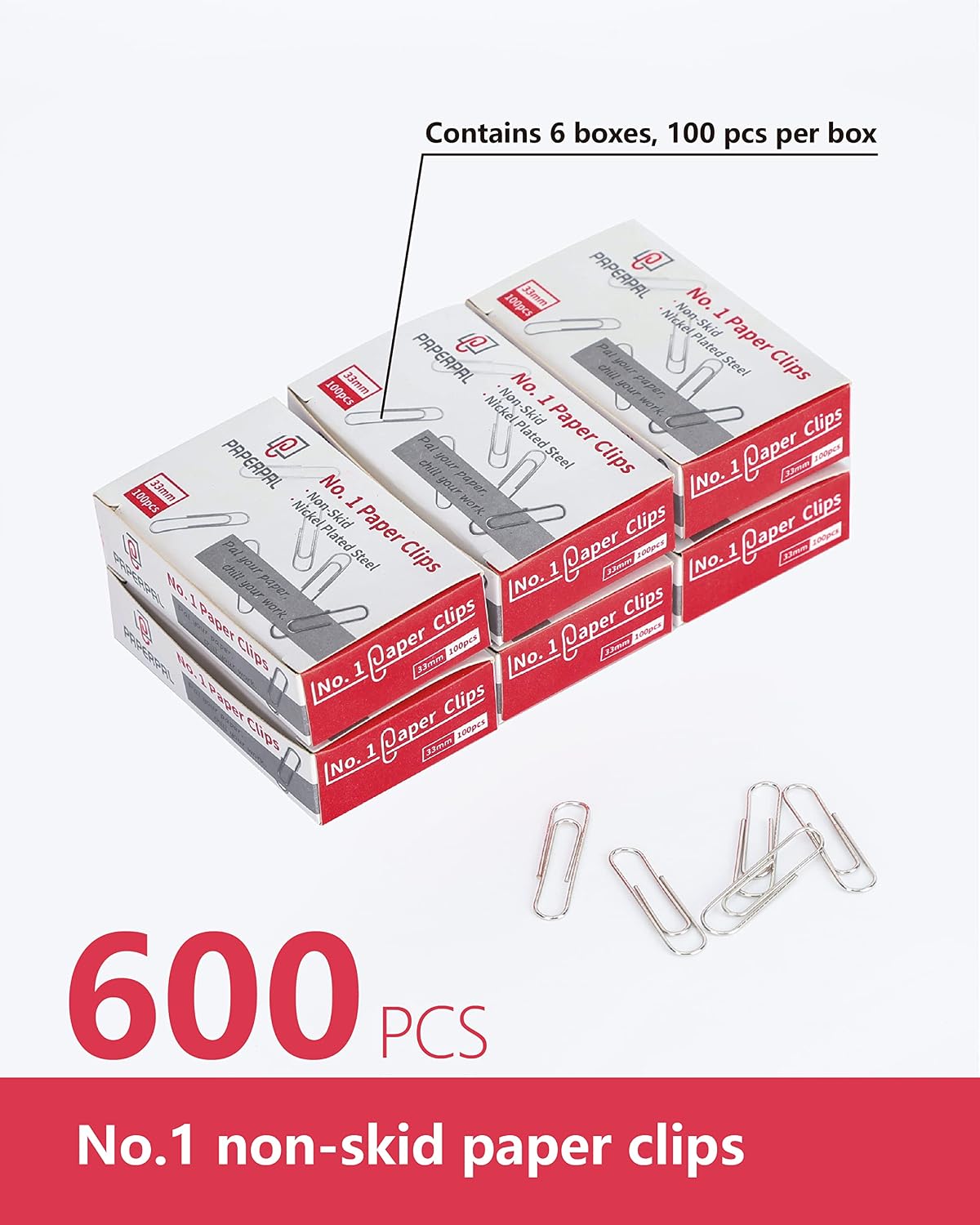 Aylifu Paperclips for Office School & Personal Use, #1 Nonskid Paper Clip (1-2/7"), 600 Medium Paper Clips (6 Boxes of 100 Each), Silver | Medium paper clips for office, school and personal use, conveniently packed in 6 boxes of 100 each.