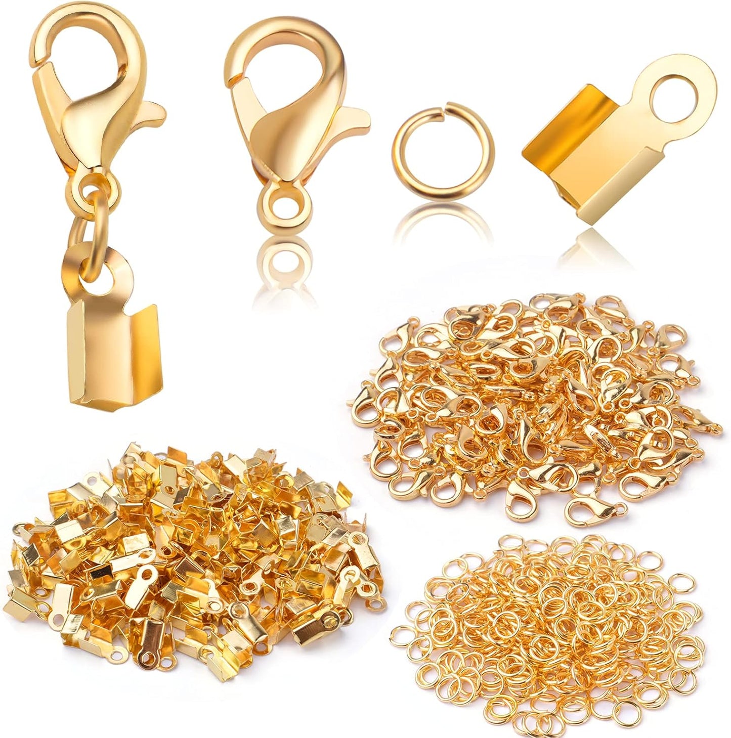 500pcs Silver Jewelry Making Accessories Kit, 200pcs Fold Over Cord End Caps Crimp End Tips, 200pcs Open Jump Rings and 100pcs Lobster Claw Clasps for Leather Ribbon Jewelry Making Findings