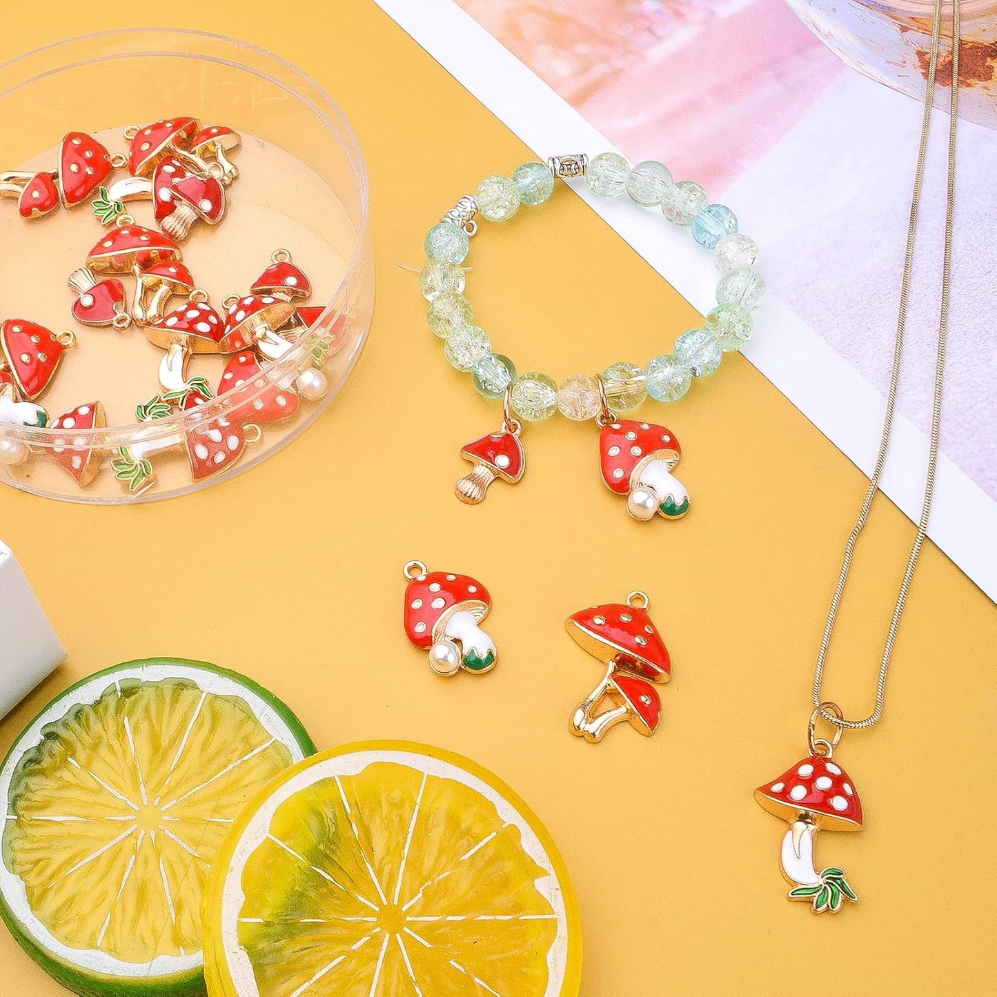 24pcs Enamel Mushroom Pendant Charms Red Cute Mushroom Charms Jewelry Making Accessories for DIY Earrings Necklace Bracelet Birthday Party Favor Gifts, 4 Styles