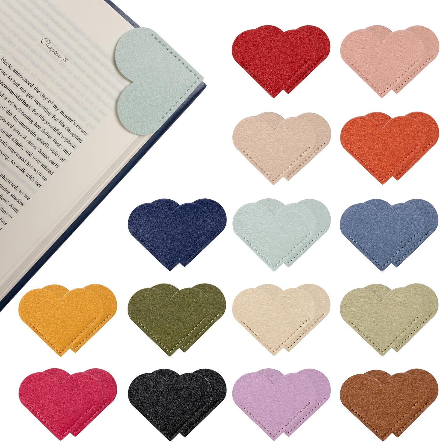 Aylifu 30 Packs Leather Heart Bookmarks for Book Lovers, Cute Gifts (Solid Color)