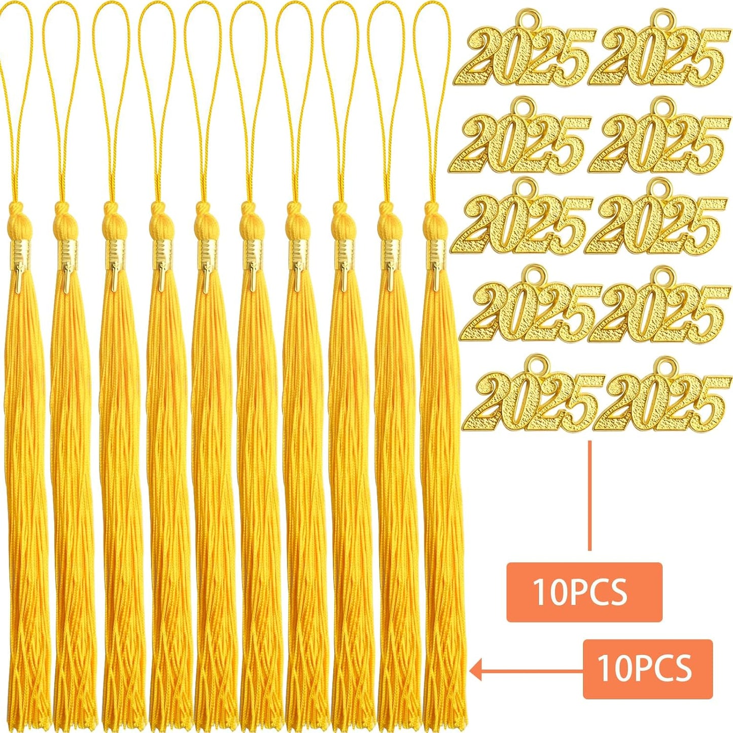 10pcs Yellow Graduation Tassels Grad Cap Decors with 10pcs Golden 2025 Year Charm Pendants for 2025 Graduates Graduation Hats Ceremonies Parties Decorations Souvenirs