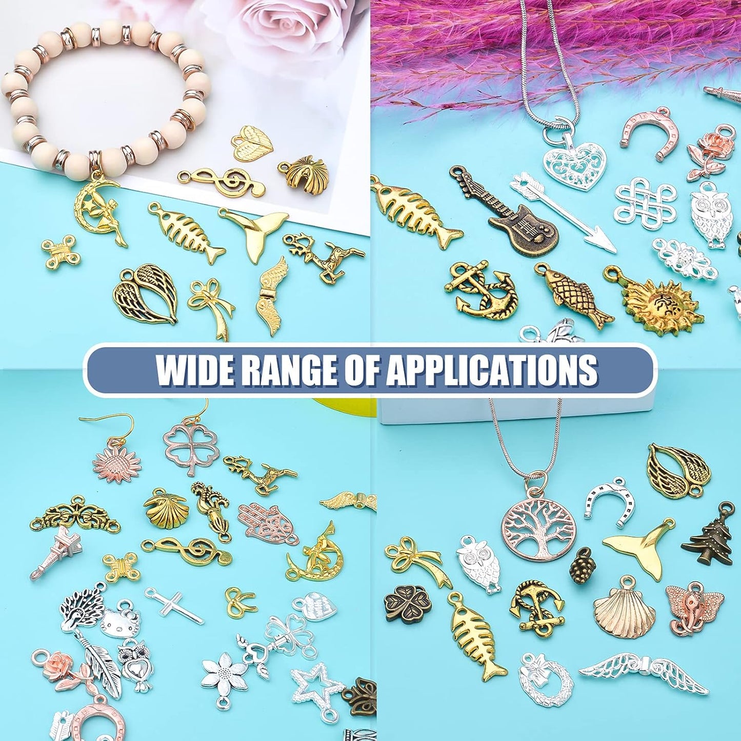 100pcs Craft Supplies Mixed Heart Star Animal Flower Branch Alloy Charms Pendants Bead Charm for Jewelry Making Bracelet Necklace, 7 Colors