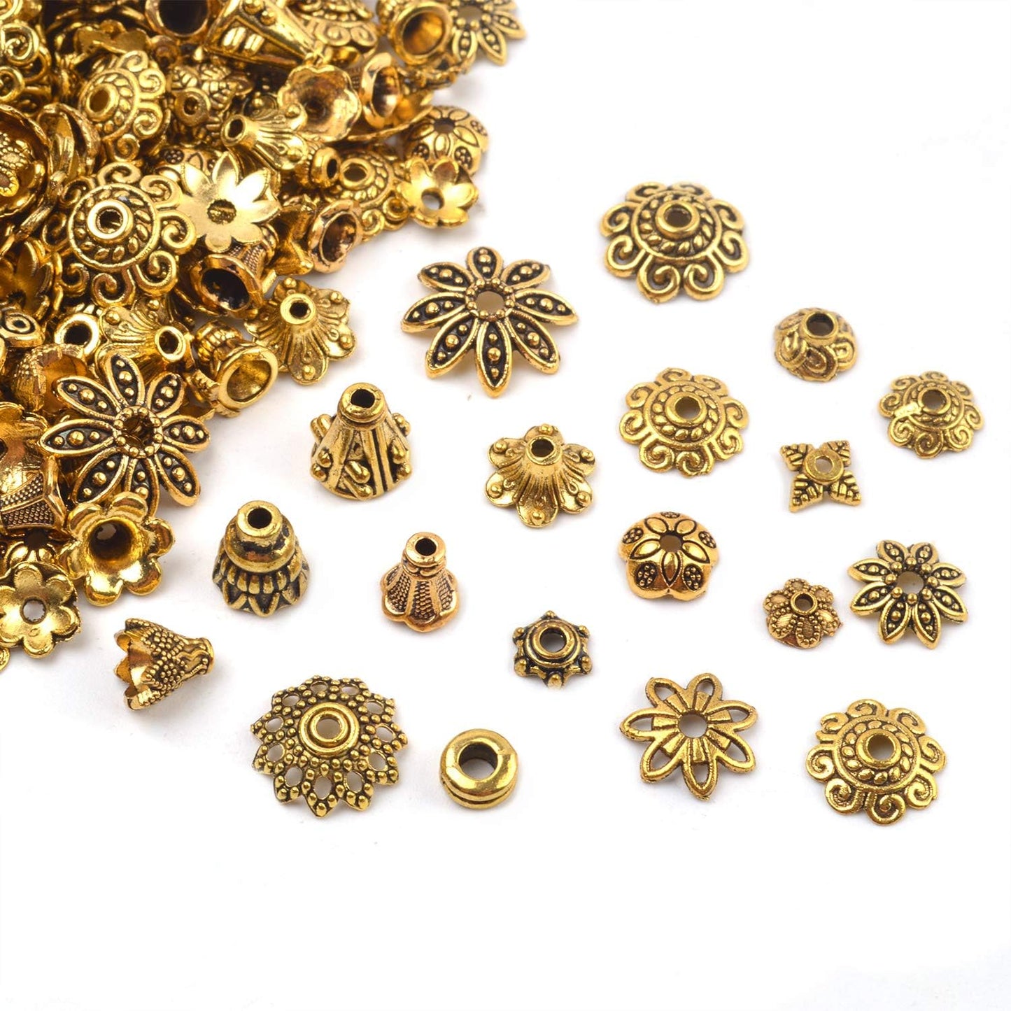 100 Gram(About 250-350pcs) Bali Style Jewelry Making Metal Bead Caps Deluxe New Mix,Antique Gold
