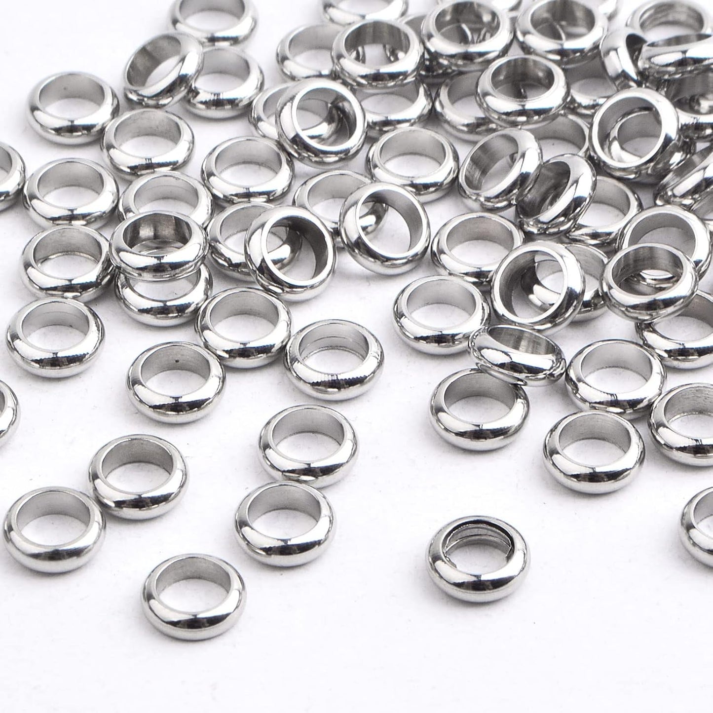 100pcs Stainless Steel Smooth Round Spacer Beads Tibetan European Large Hole Rondelle Spacer Beads Accessories for DIY Necklace Bracelet Jewelry Making Supplies, Hole: 4 mm