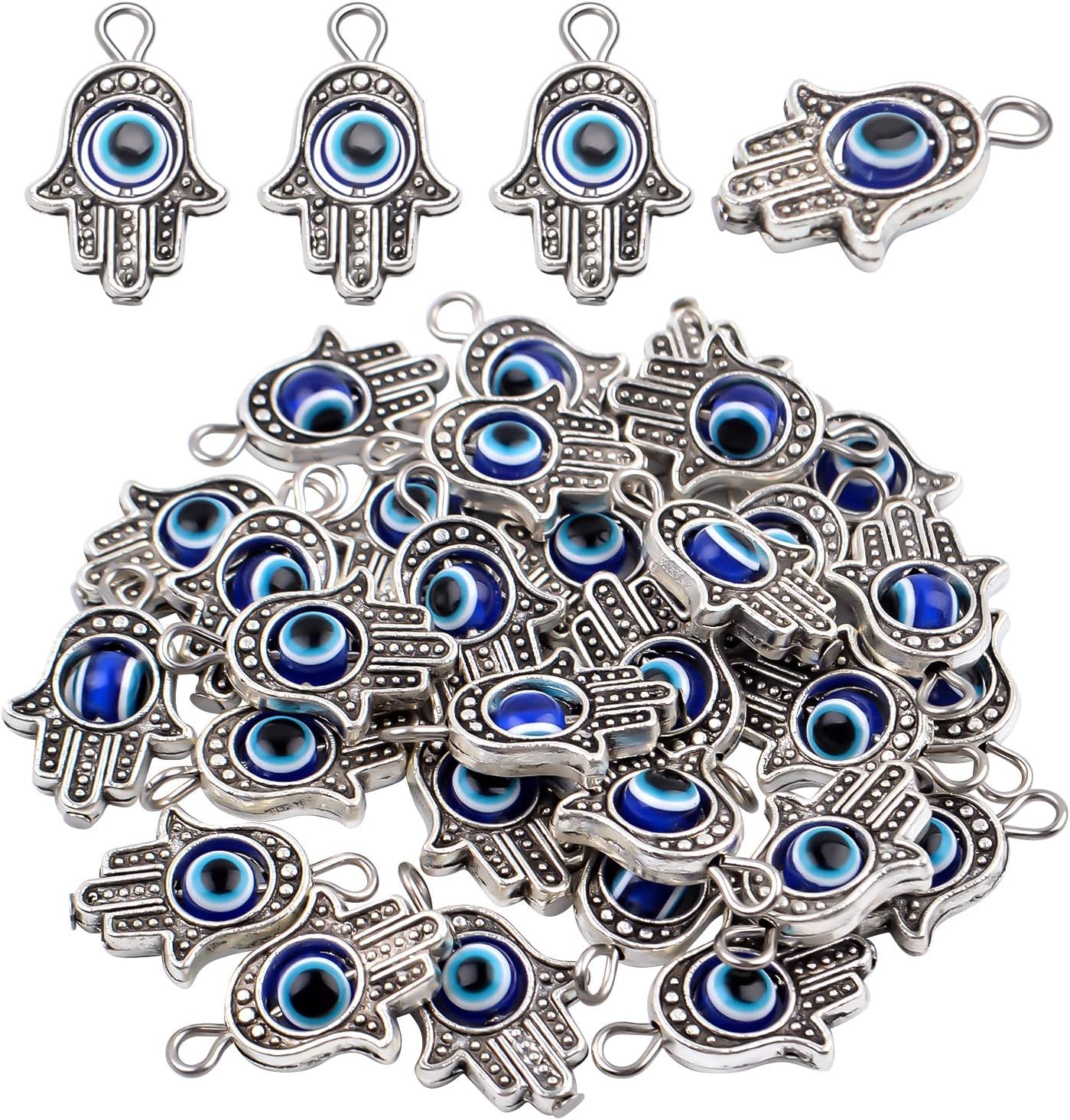 Hamsa Hand Beads Frame Charms,30 Pieces of Hamsa Evil Eye Pendant Hand of Fatima Symbol Charms Jewelry Making Findings for DIY Necklace Bracelet(Gold & Silver & Bronze)