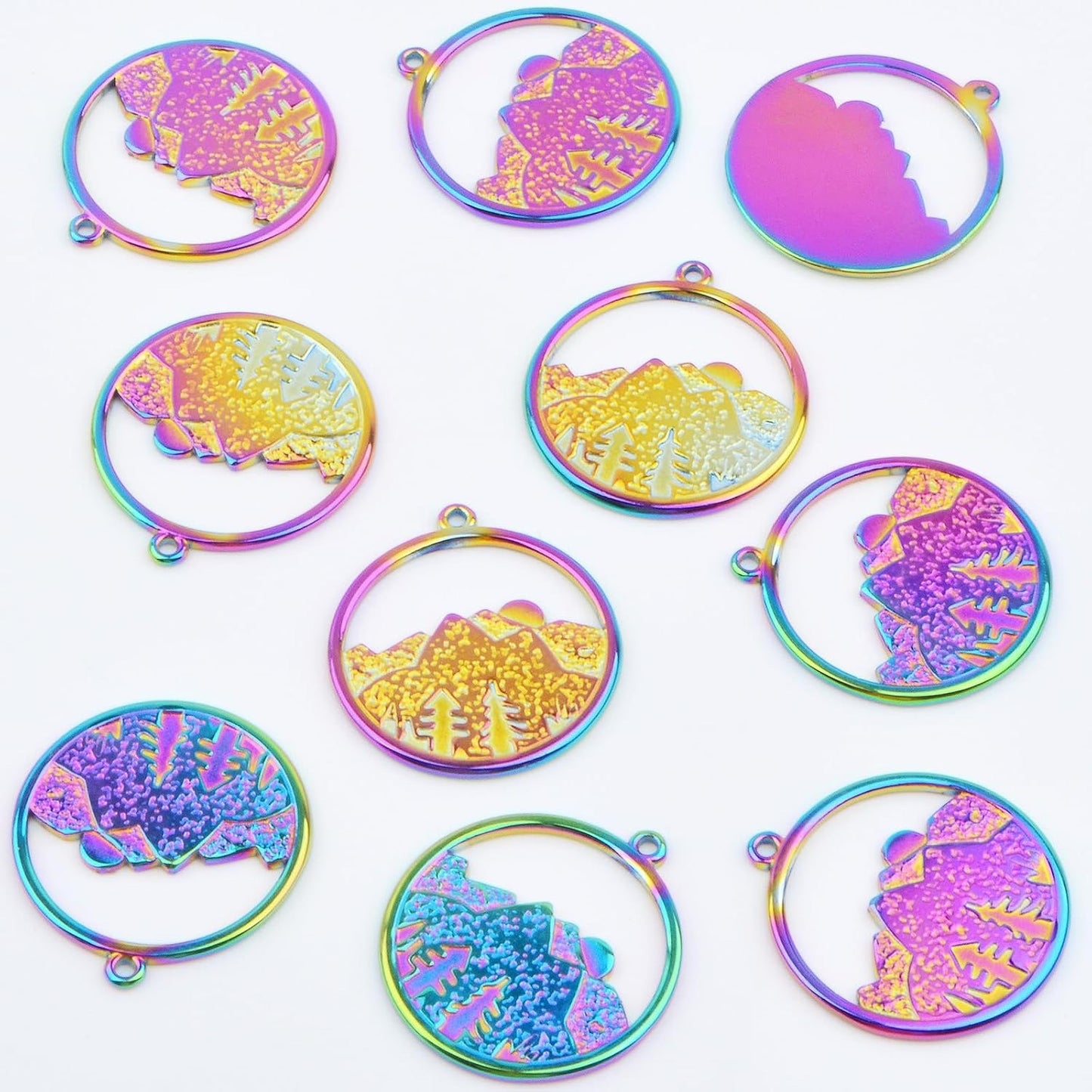 10pcs Stainless Steel Round Mountain Range Ocean Charms Hypoallergenic Hollow Sea Mountain Dangle Pendants for DIY Necklace Bracelet Jewelry Making Supplies, Rainbow Color
