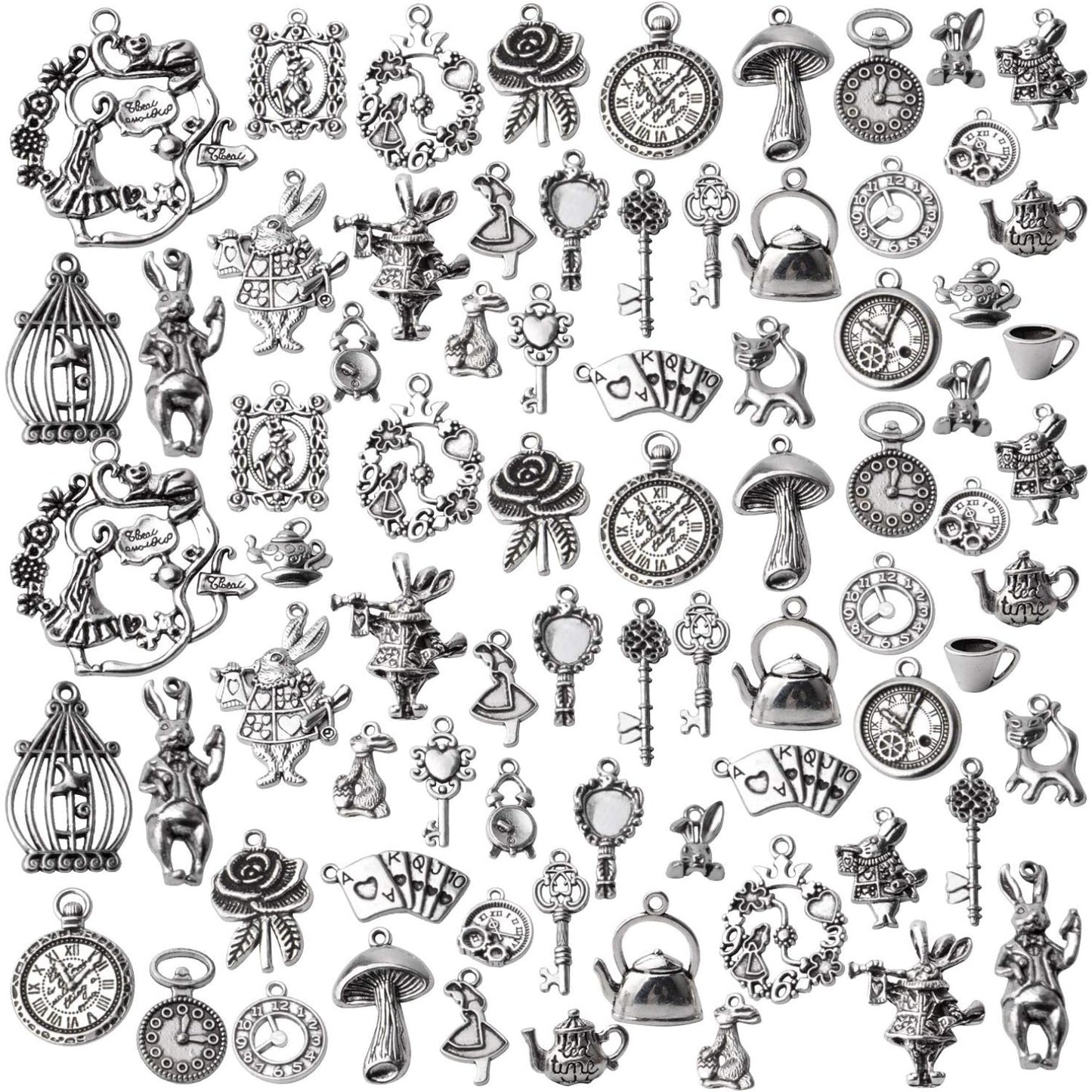 40pcs Antique Silver Alice in Wonderland Charm Alloy Tales Tea Party Steampunk Victorian Necklace Bracelet Charms Pendants for DIY Jewelry Making Crafts Supplies