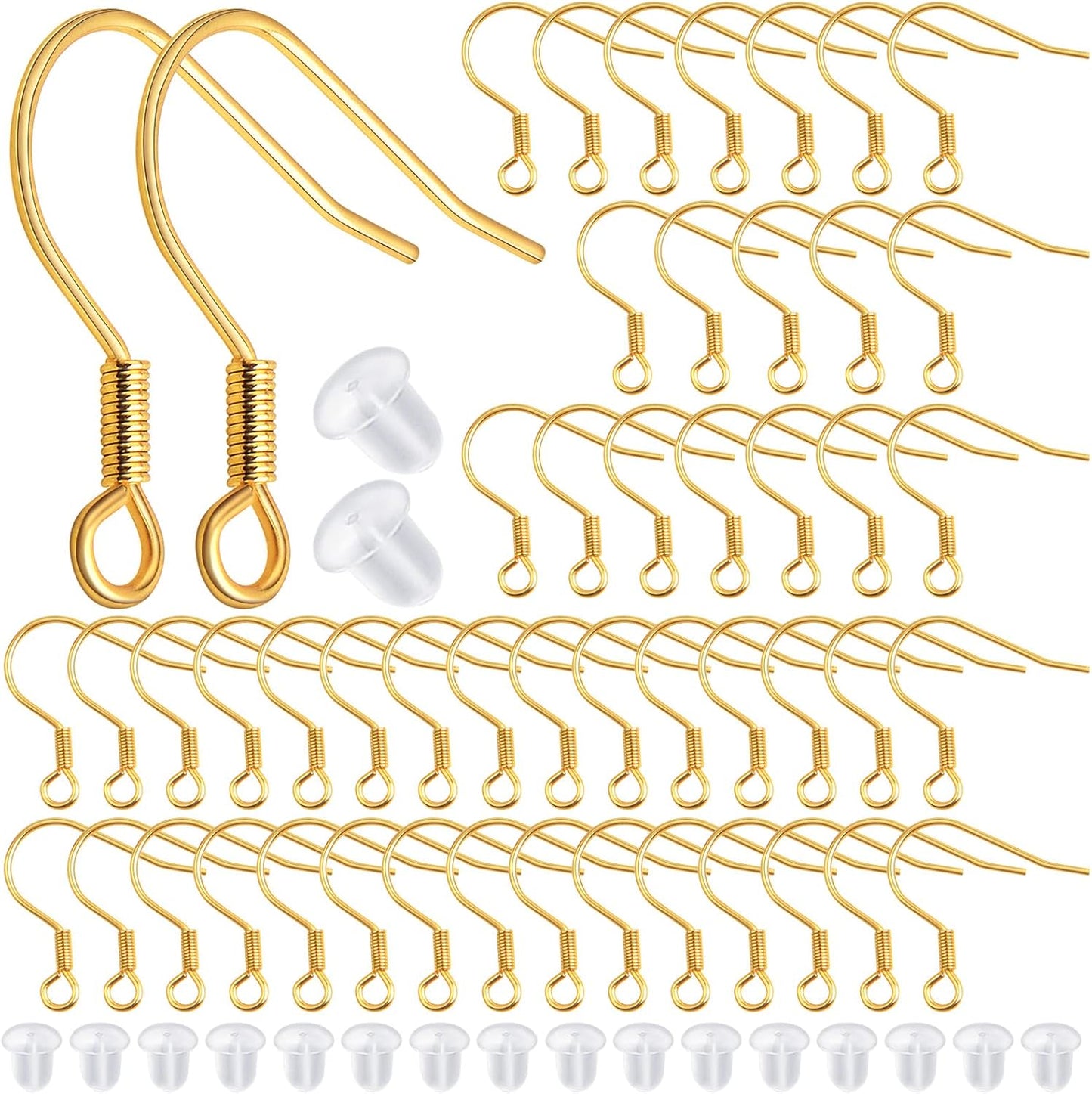50pcs Stainless Steel Earring Hooks Hypoallergenic French Earwire Fish Hooks with 50pcs Clear Earring Backs Stoppers for DIY Earrings Jewelry Making Findings, Golden