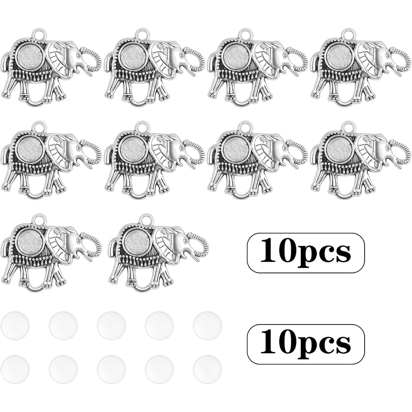 10pcs Antique Silver Elephant Pendant Trays Alloy Elephant Charms Blank Bezel with 10pcs Clear Glass Cabochons Dome Tiles Memorial Photo Charms for Cameo Pendants Jewelry Making Decor