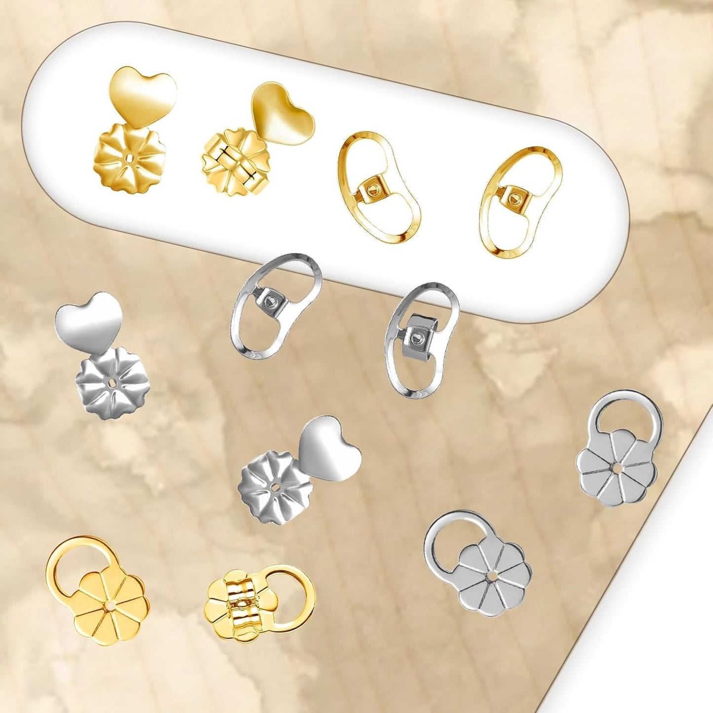 16pcs Earring Backs for Droopy Ears, Adjustable Heavy Earrings Lifters Backs Brass Secure Ear Support Backings Stoppers Repacements for Studs Droopy Earlobe Hoops, 4 Styles